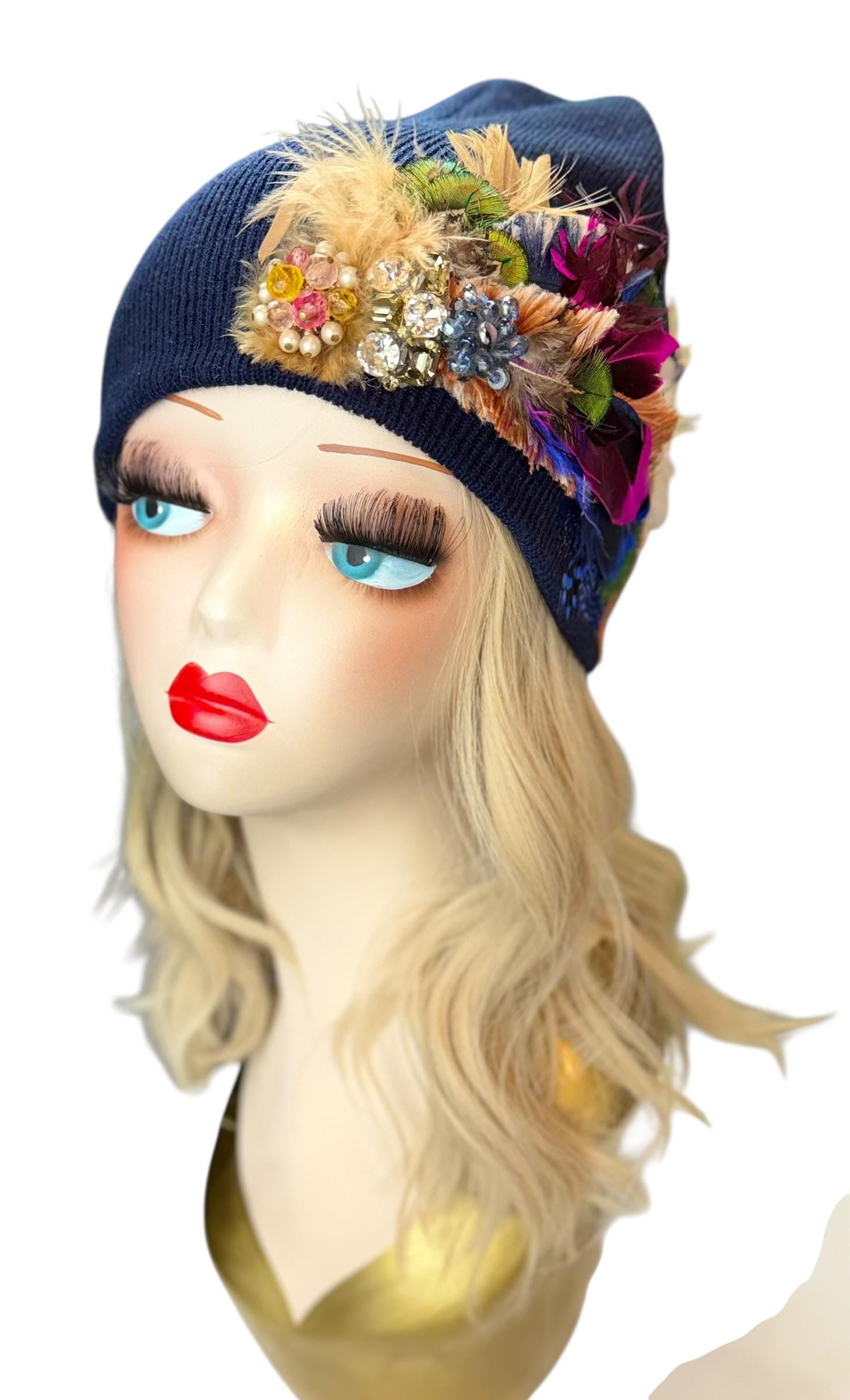 Midnight Radiance Fashionable Statement Flapper Feather & Jeweled Vintage Embellished Hat