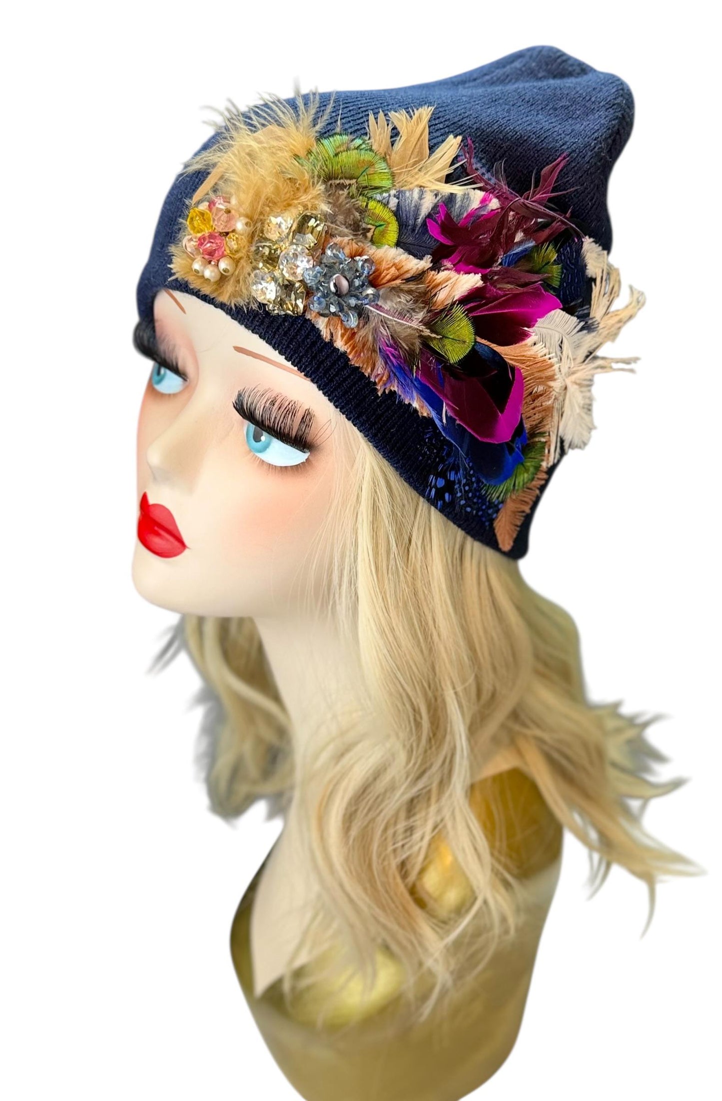 Midnight Radiance Fashionable Statement Flapper Feather & Jeweled Vintage Embellished Hat