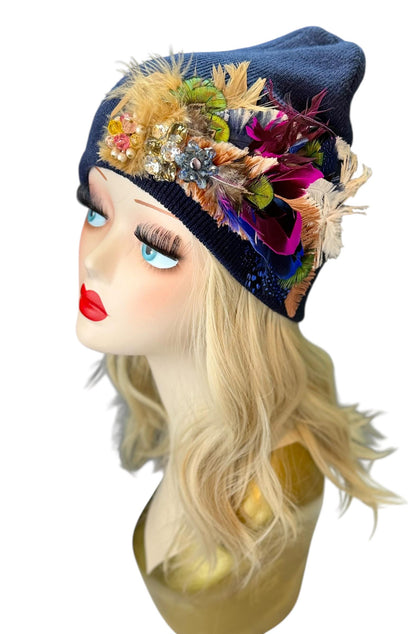 Midnight Radiance Fashionable Statement Flapper Feather & Jeweled Vintage Embellished Hat