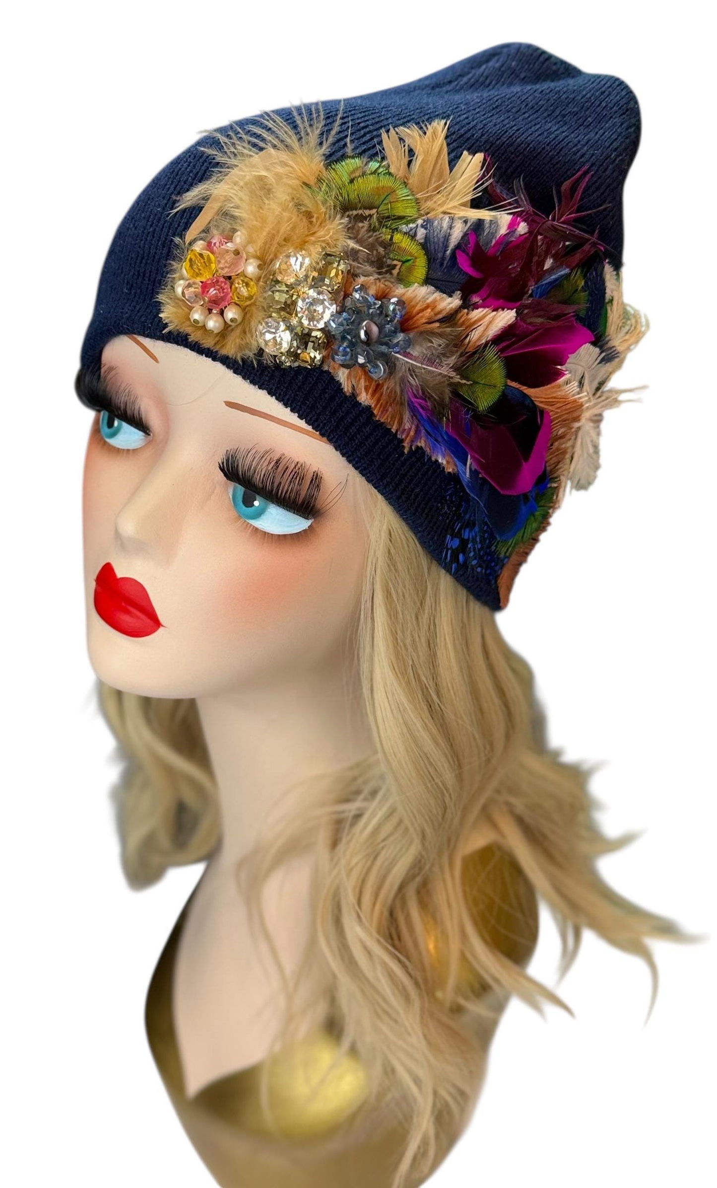 Midnight Radiance Fashionable Statement Flapper Feather & Jeweled Vintage Embellished Hat