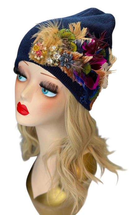 Midnight Radiance Fashionable Statement Flapper Feather & Jeweled Vintage Embellished Hat