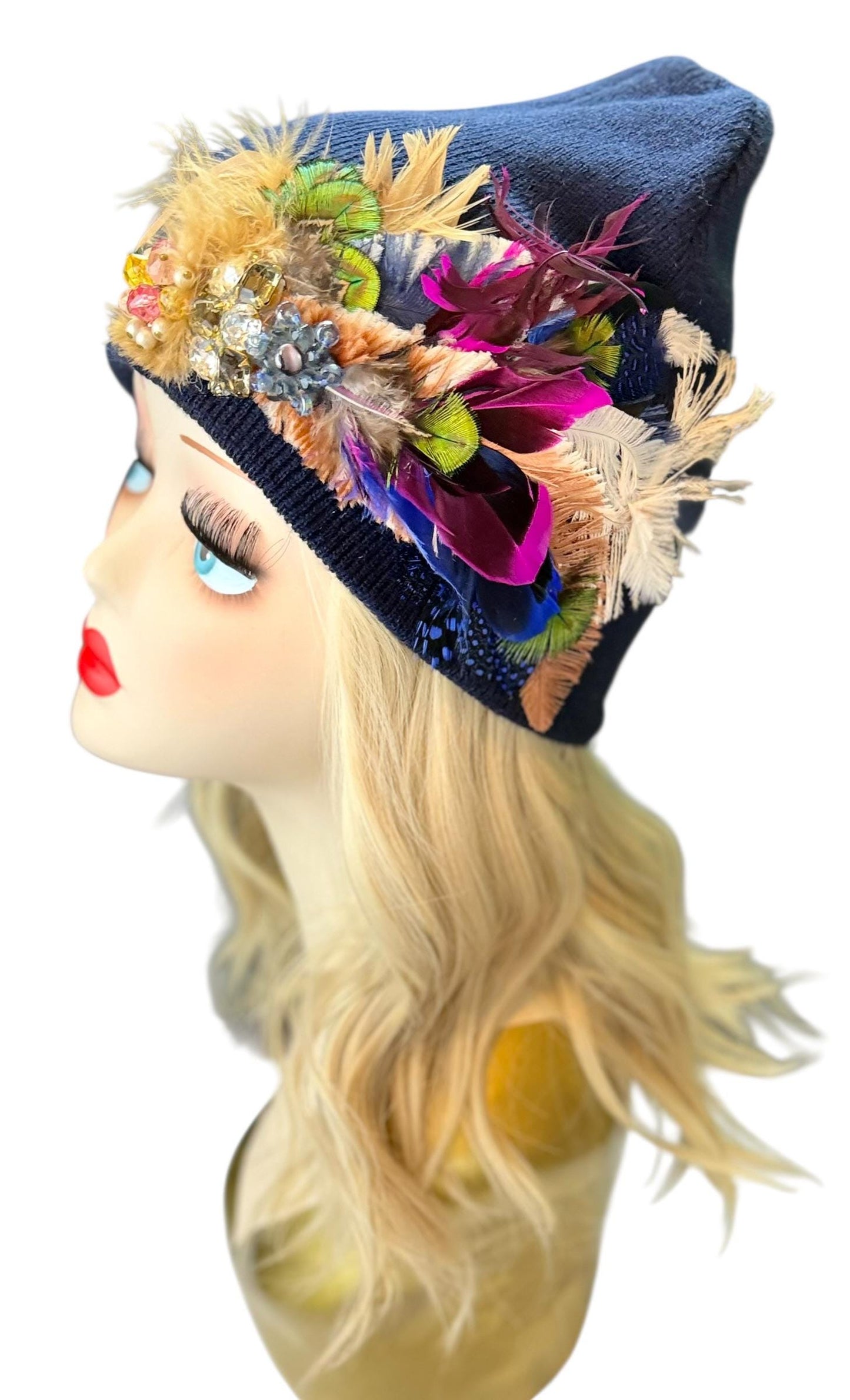 Midnight Radiance Fashionable Statement Flapper Feather & Jeweled Vintage Embellished Hat