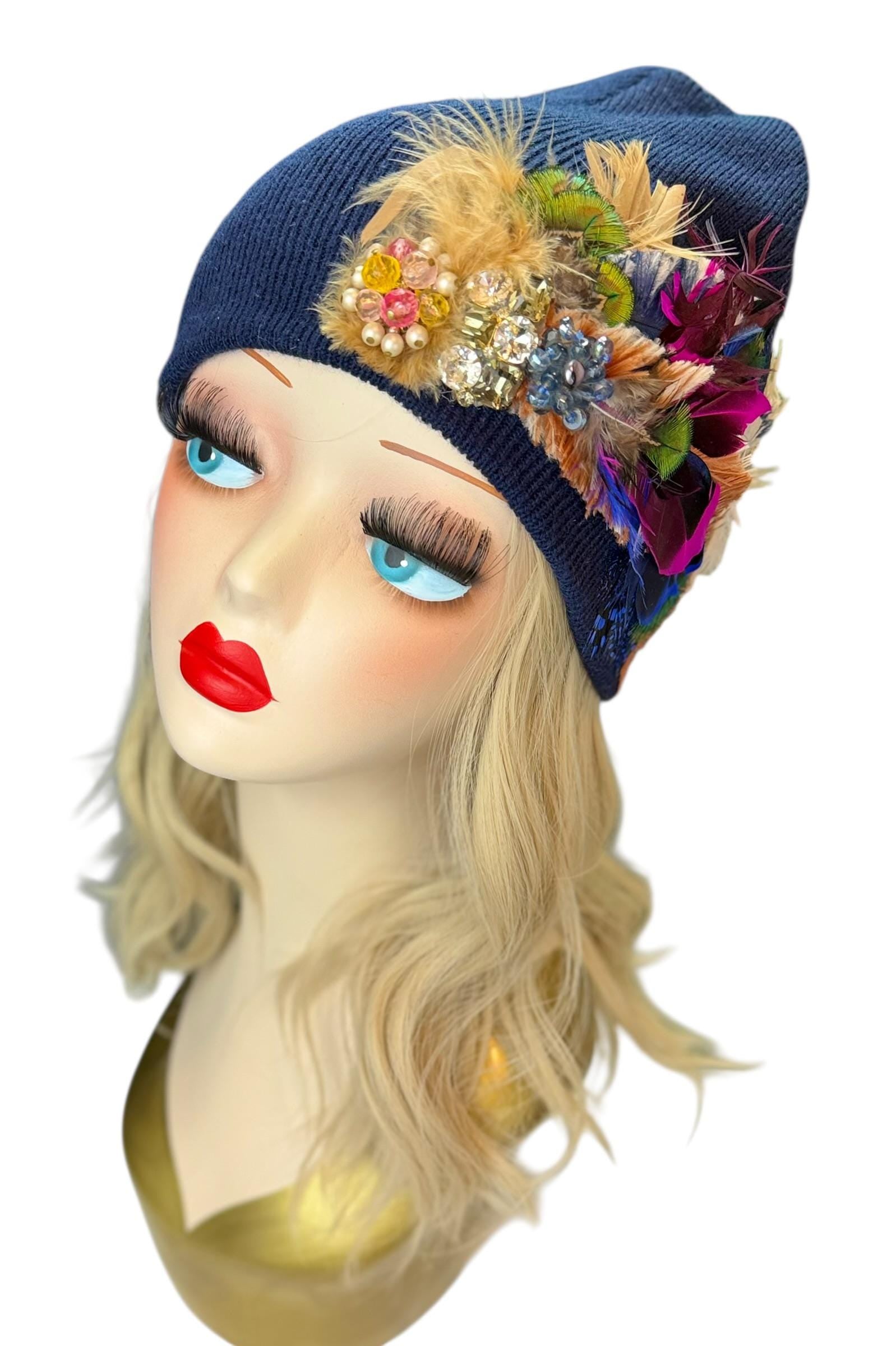 Midnight Radiance Fashionable Statement Flapper Feather & Jeweled Vintage Embellished Hat