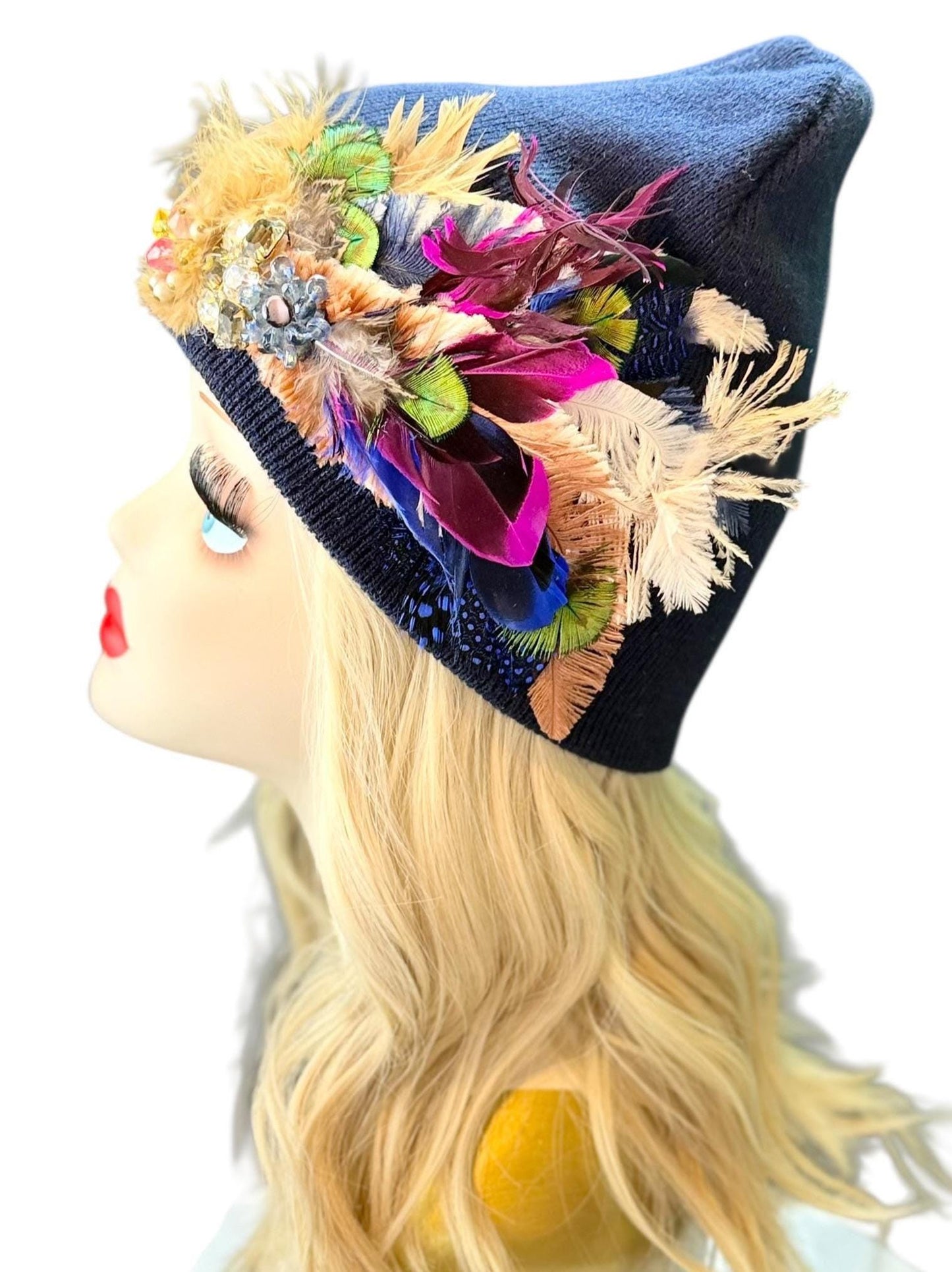 Midnight Radiance Fashionable Statement Flapper Feather & Jeweled Vintage Embellished Hat