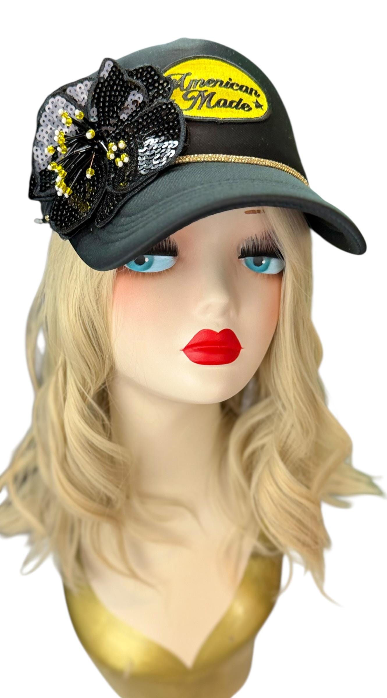 American Made Feathered Style Statement Patchwork Vintage Jeweled Trucker Hat