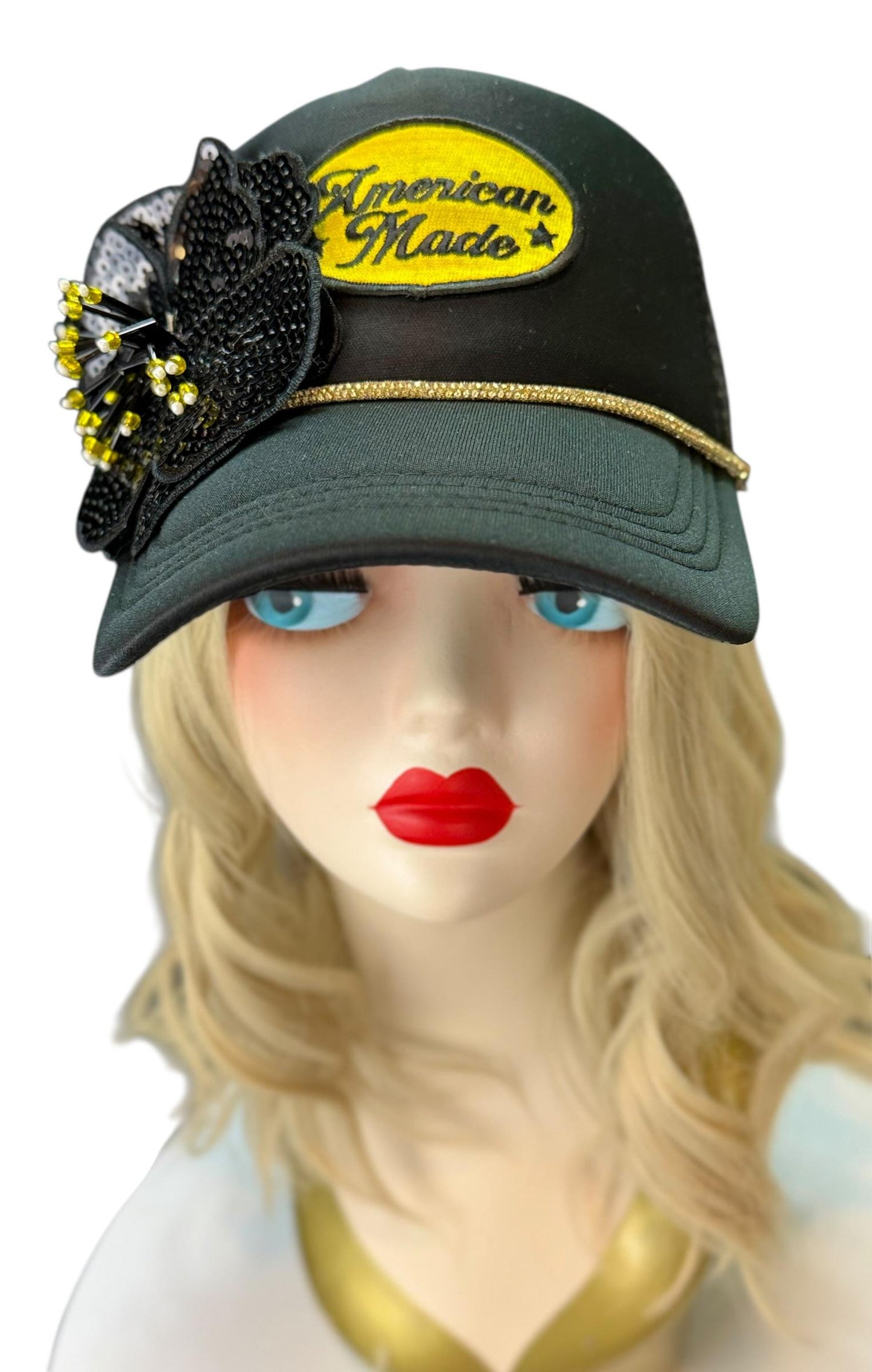 American Made Feathered Style Statement Patchwork Vintage Jeweled Trucker Hat