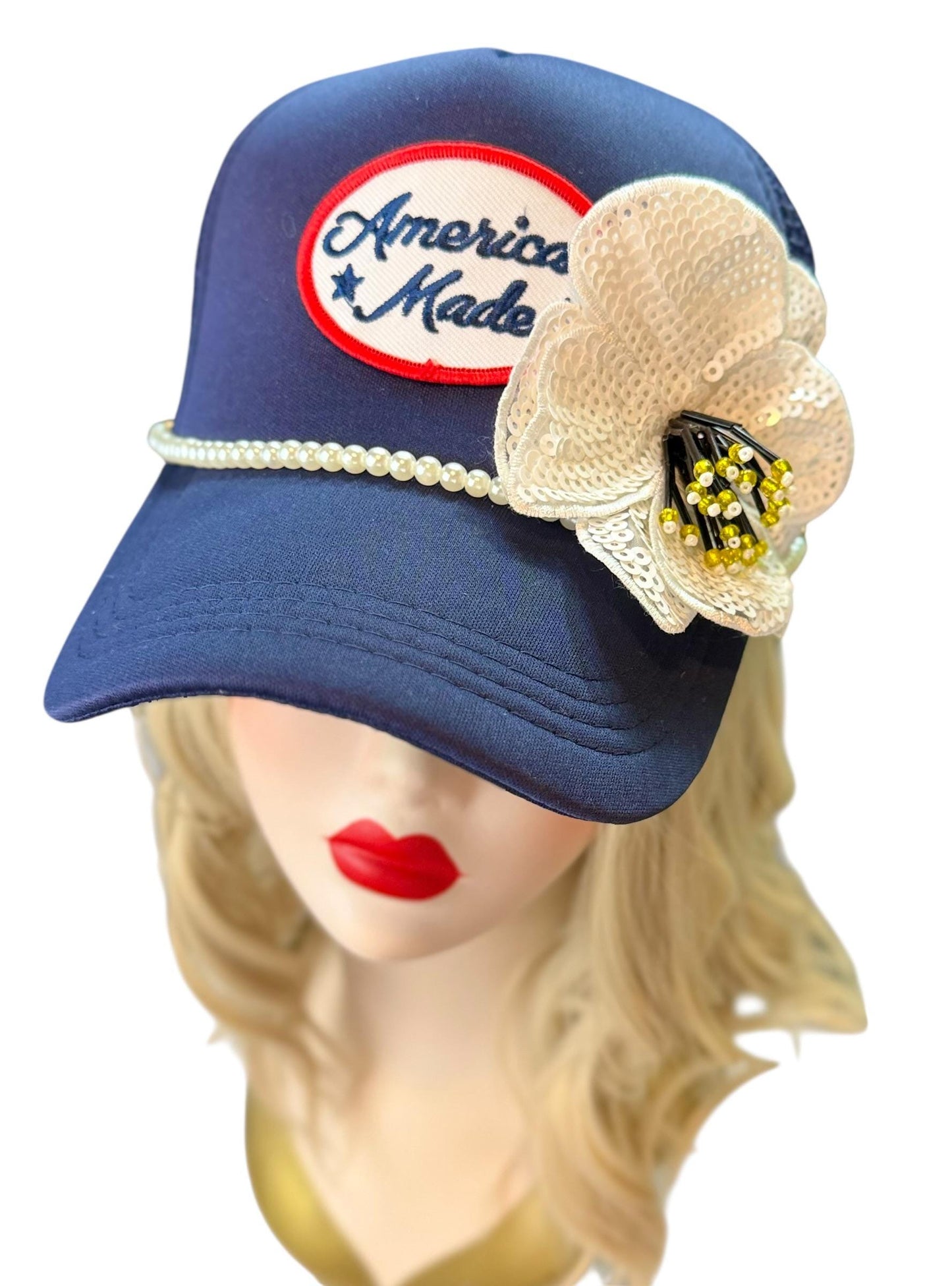 American Made Feathered Style Statement Patchwork Vintage Jeweled Trucker Hat