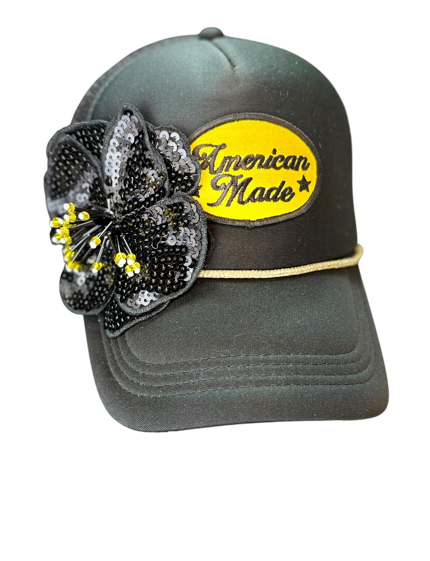 American Made Feathered Style Statement Patchwork Vintage Jeweled Trucker Hat