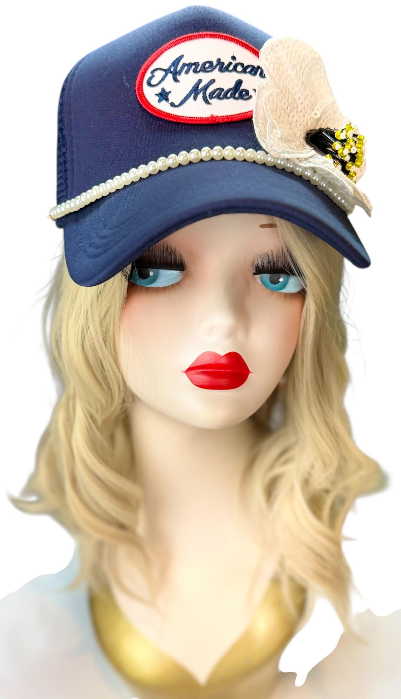 American Made Feathered Style Statement Patchwork Vintage Jeweled Trucker Hat