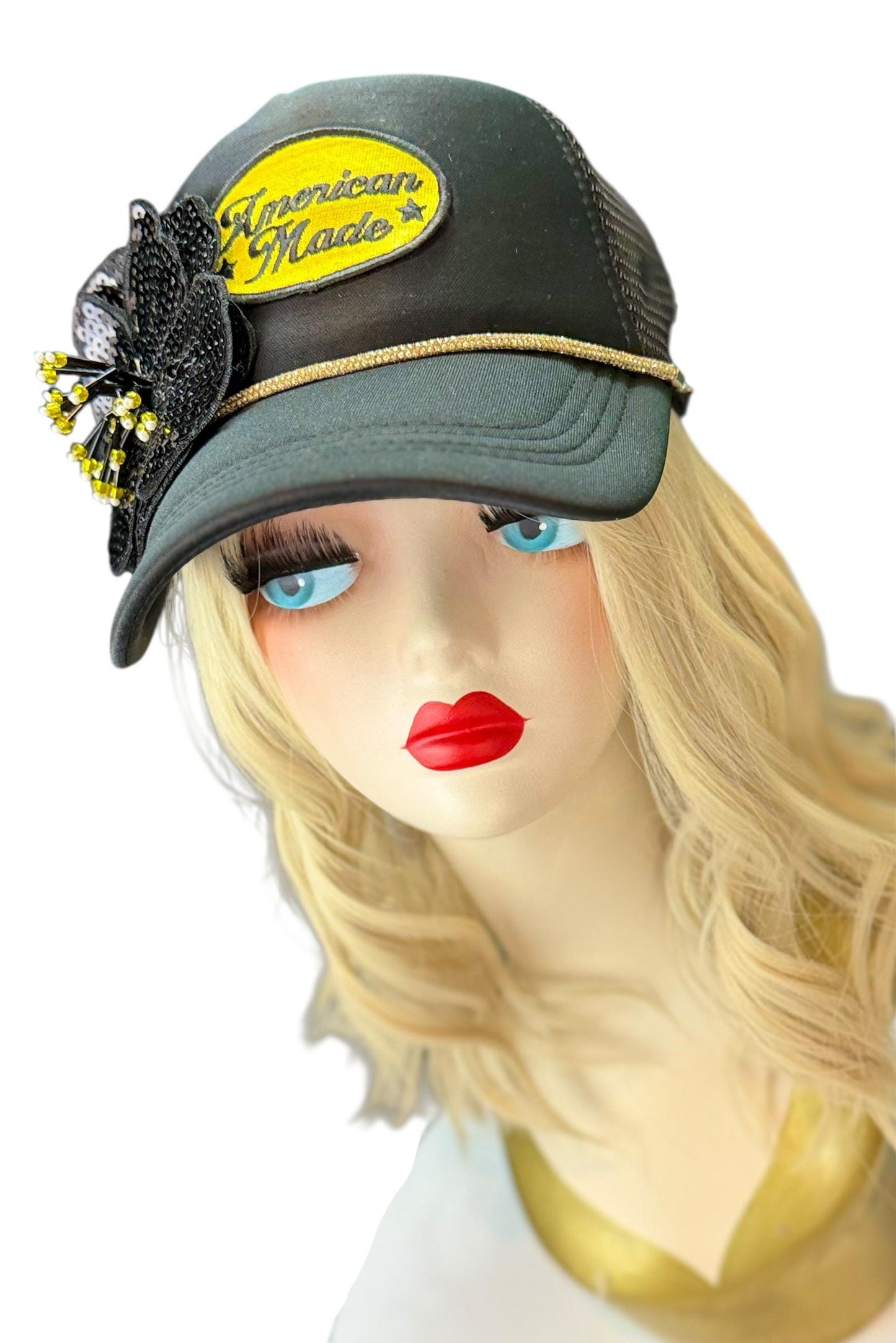 American Made Feathered Style Statement Patchwork Vintage Jeweled Trucker Hat