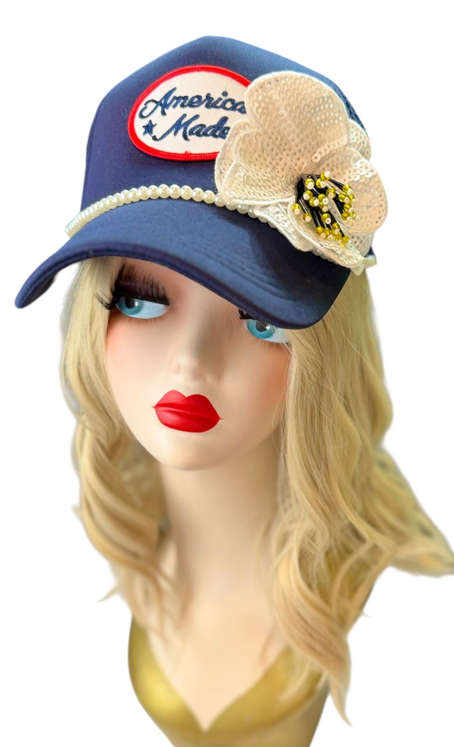 American Made Feathered Style Statement Patchwork Vintage Jeweled Trucker Hat