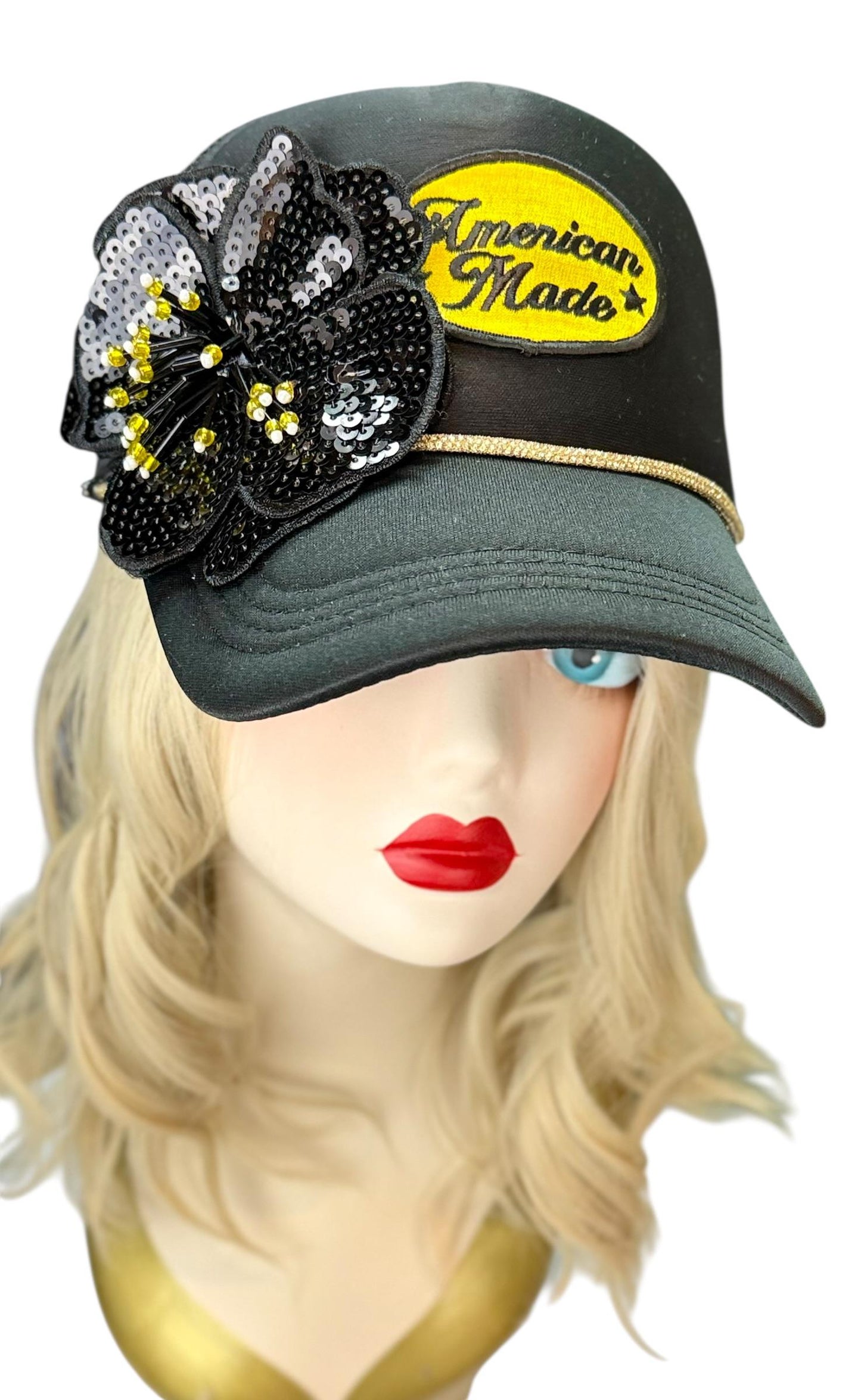 American Made Feathered Style Statement Patchwork Vintage Jeweled Trucker Hat