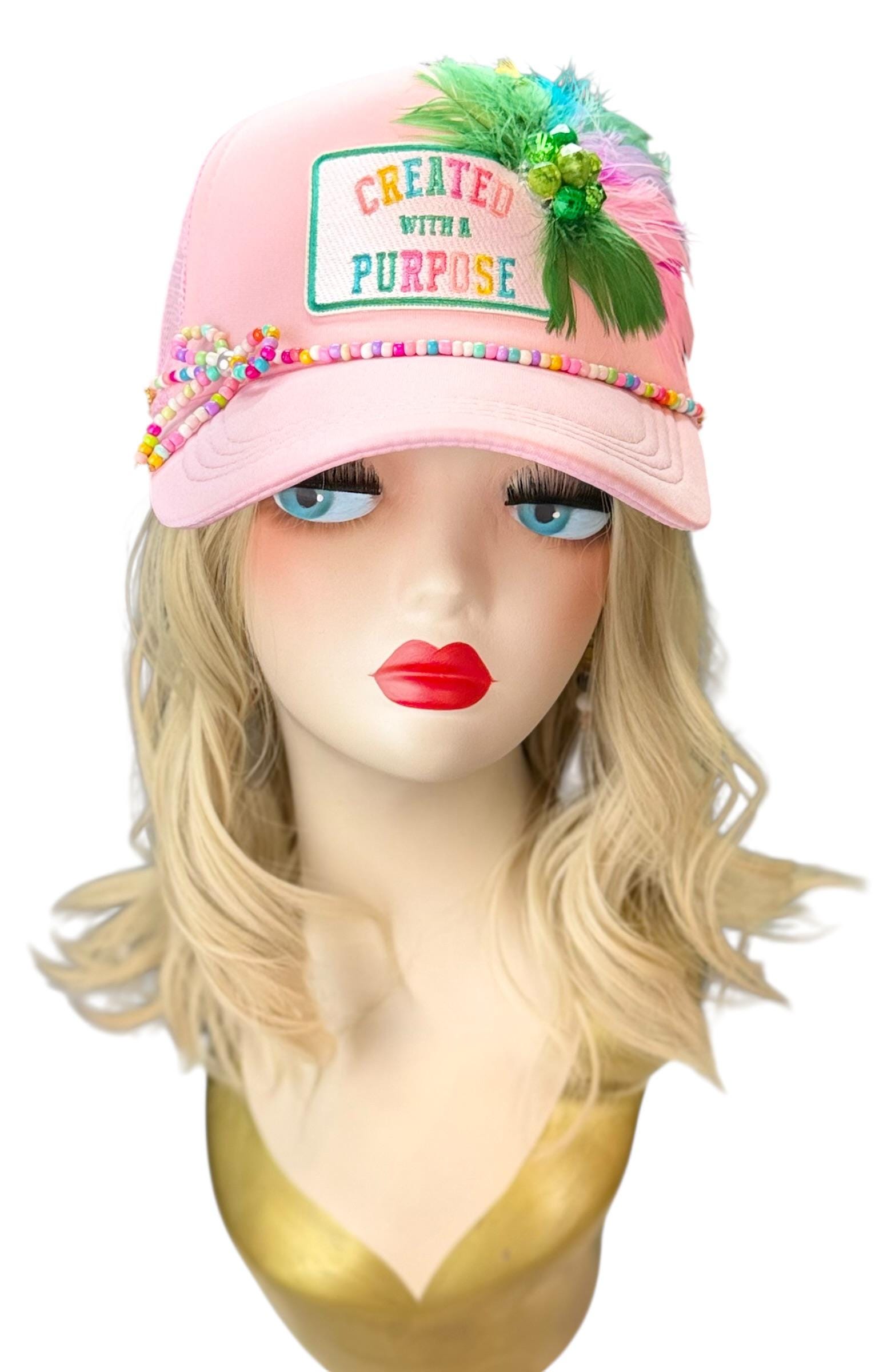 Curated With A Purpose Style Statement Patchwork Feathered & Jeweled Avant-Garde Fashionable Trucker Hat