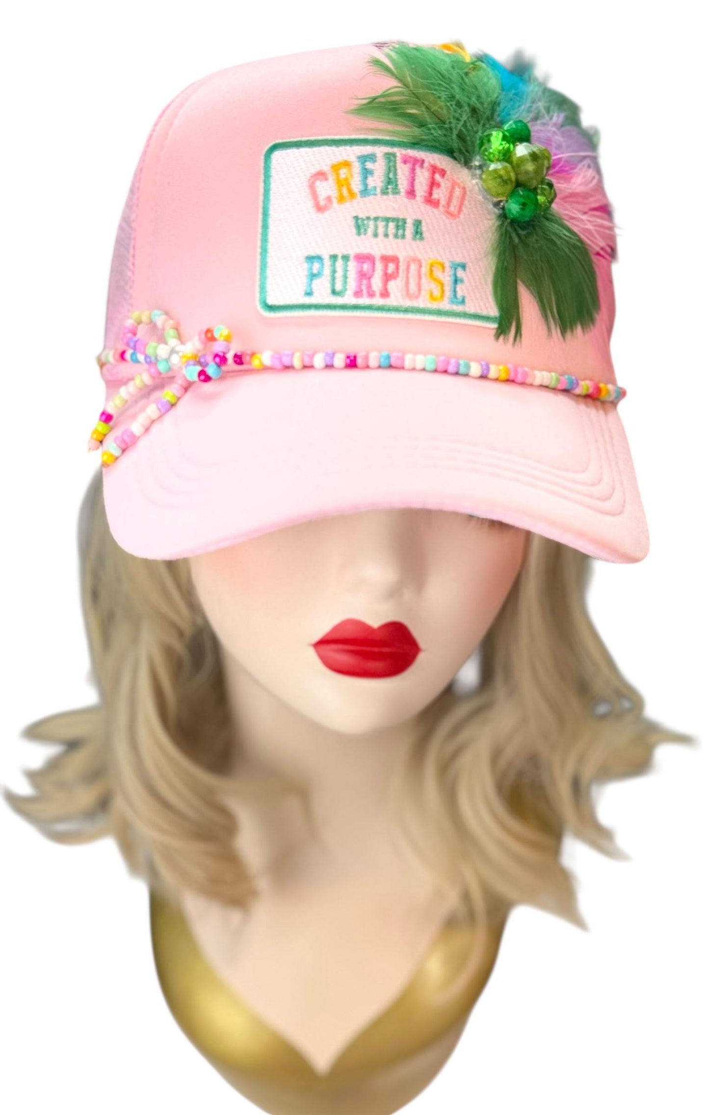 Curated With A Purpose Style Statement Patchwork Feathered & Jeweled Avant-Garde Fashionable Trucker Hat
