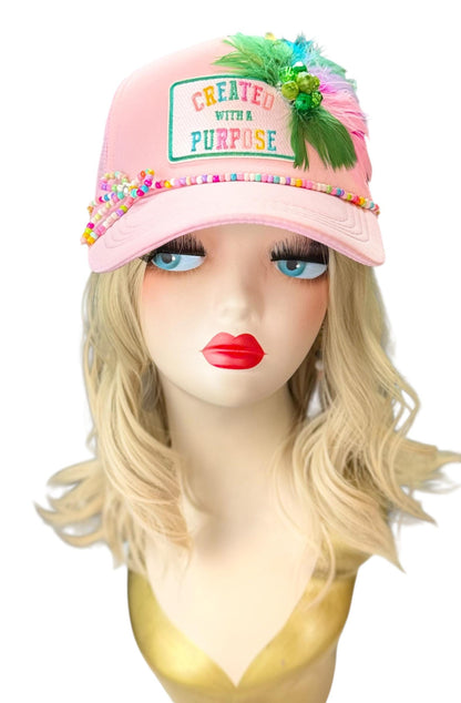 Curated With A Purpose Style Statement Patchwork Feathered & Jeweled Avant-Garde Fashionable Trucker Hat