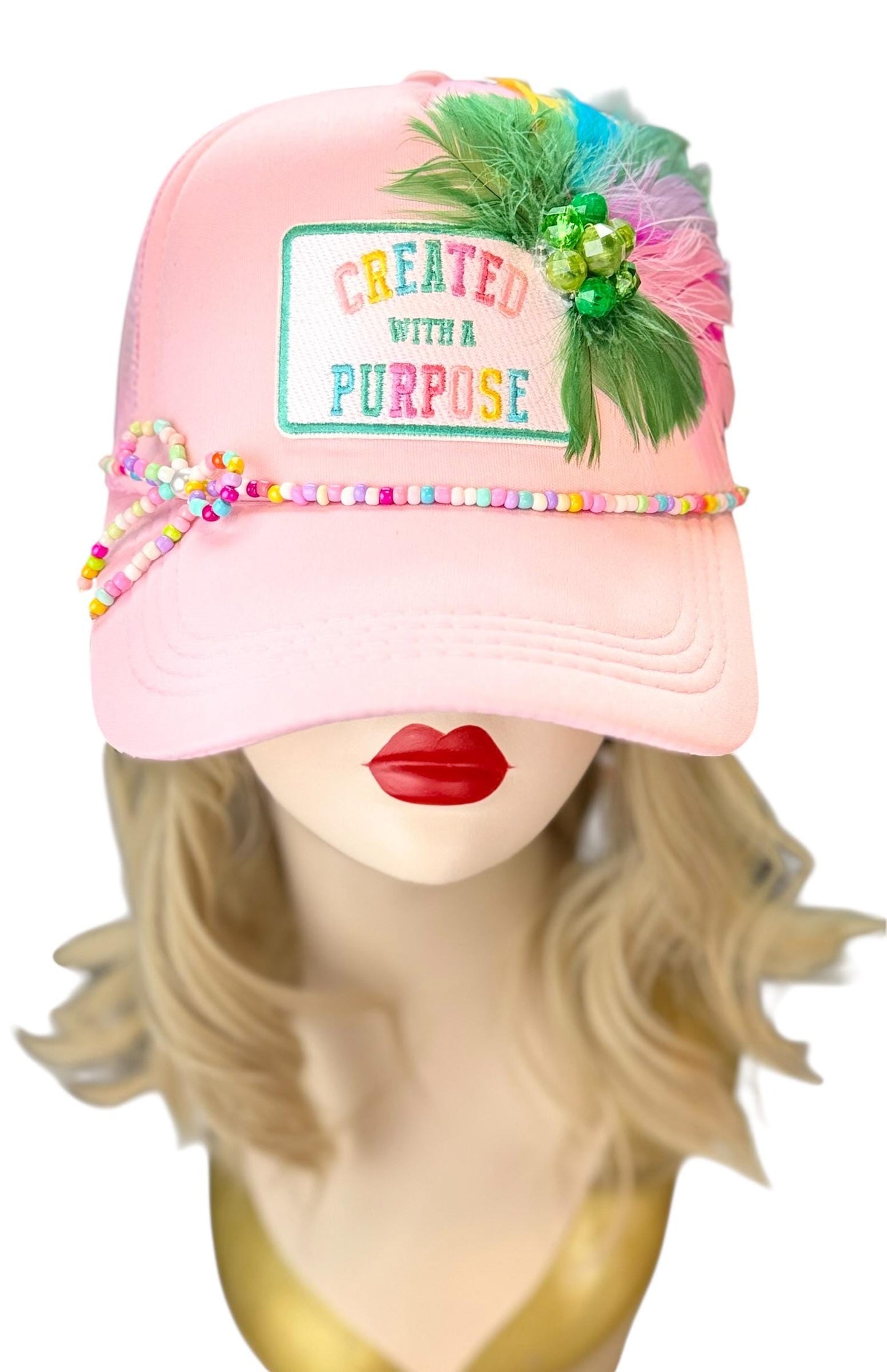 Curated With A Purpose Style Statement Patchwork Feathered & Jeweled Avant-Garde Fashionable Trucker Hat