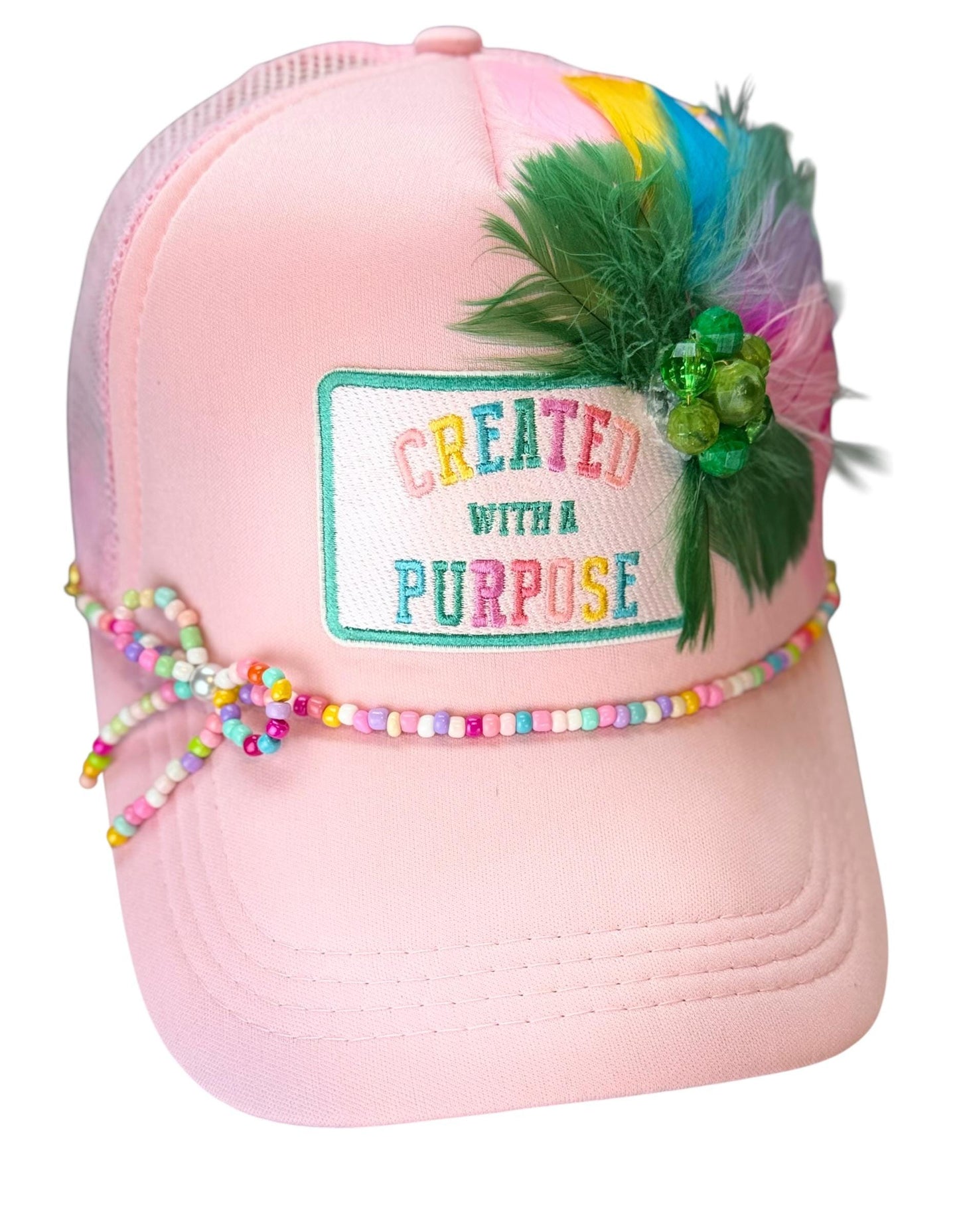 Curated With A Purpose Style Statement Patchwork Feathered & Jeweled Avant-Garde Fashionable Trucker Hat