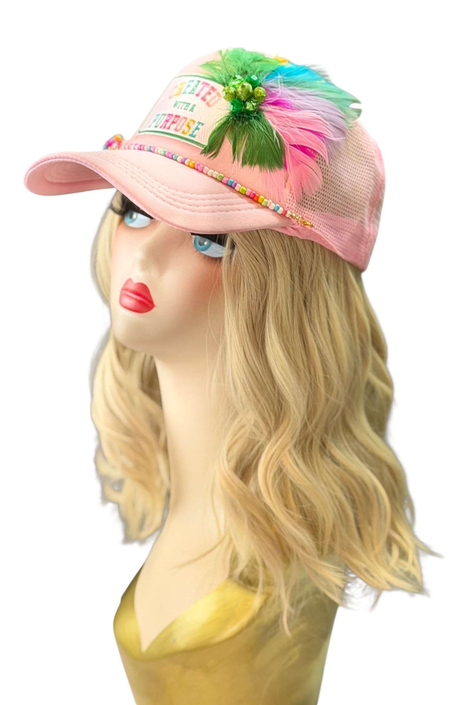 Curated With A Purpose Style Statement Patchwork Feathered & Jeweled Avant-Garde Fashionable Trucker Hat