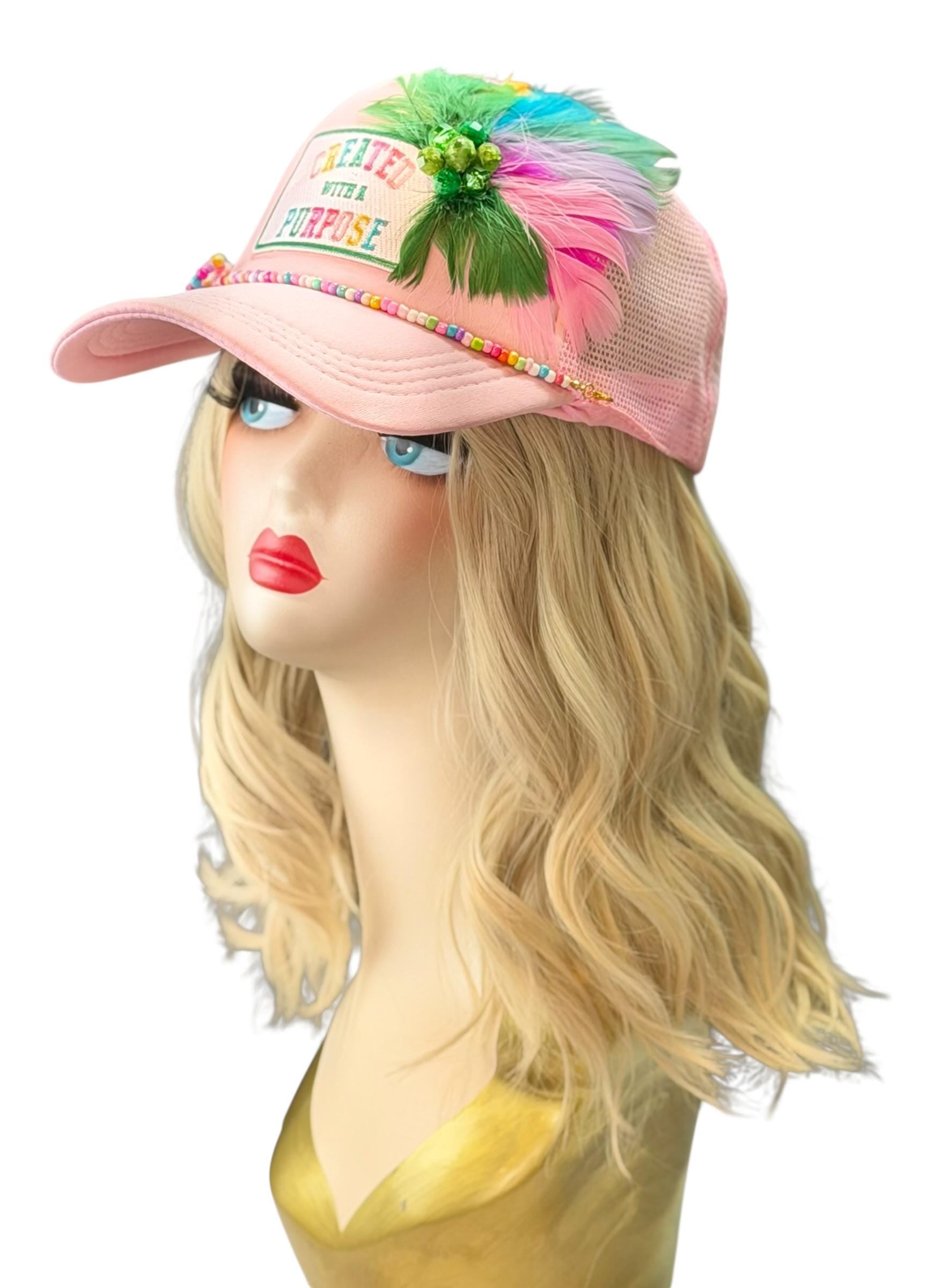 Curated With A Purpose Style Statement Patchwork Feathered & Jeweled Avant-Garde Fashionable Trucker Hat