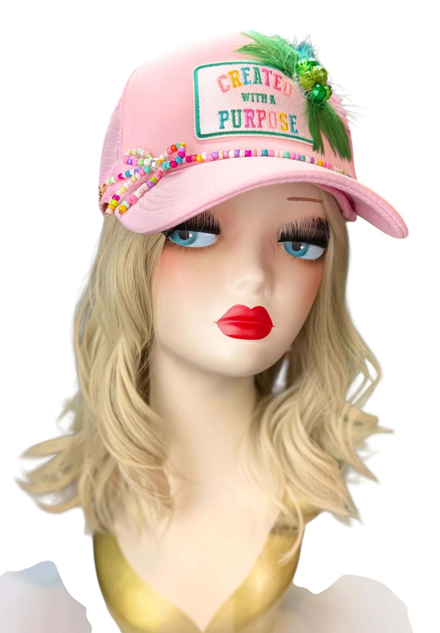 Curated With A Purpose Style Statement Patchwork Feathered & Jeweled Avant-Garde Fashionable Trucker Hat