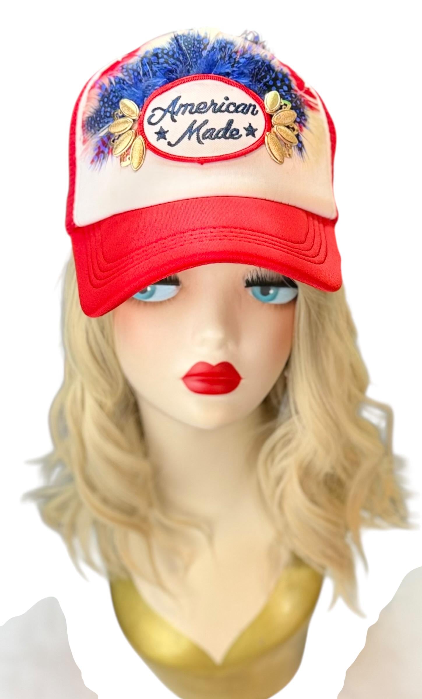 American Made Feathered Style Statement Patchwork Vintage Jeweled Trucker Hat