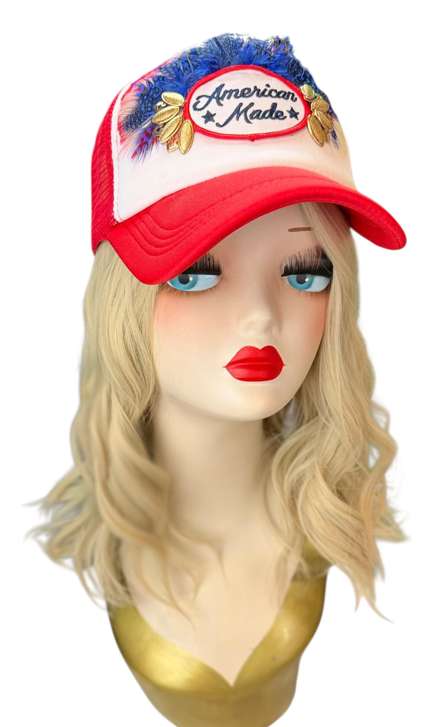 American Made Feathered Style Statement Patchwork Vintage Jeweled Trucker Hat