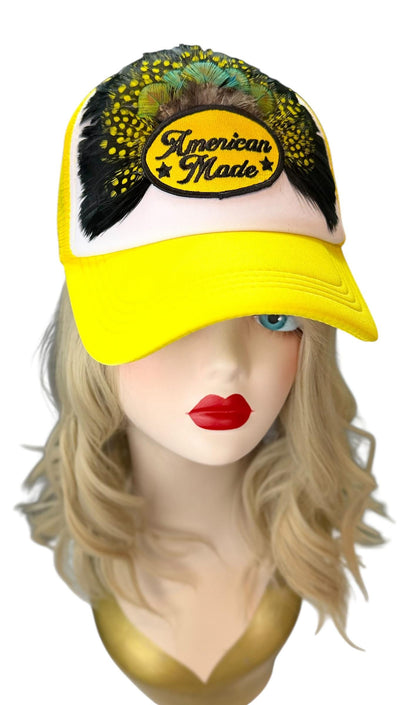 American Made Feathered Style Statement Patchwork Vintage Jeweled Trucker Hat