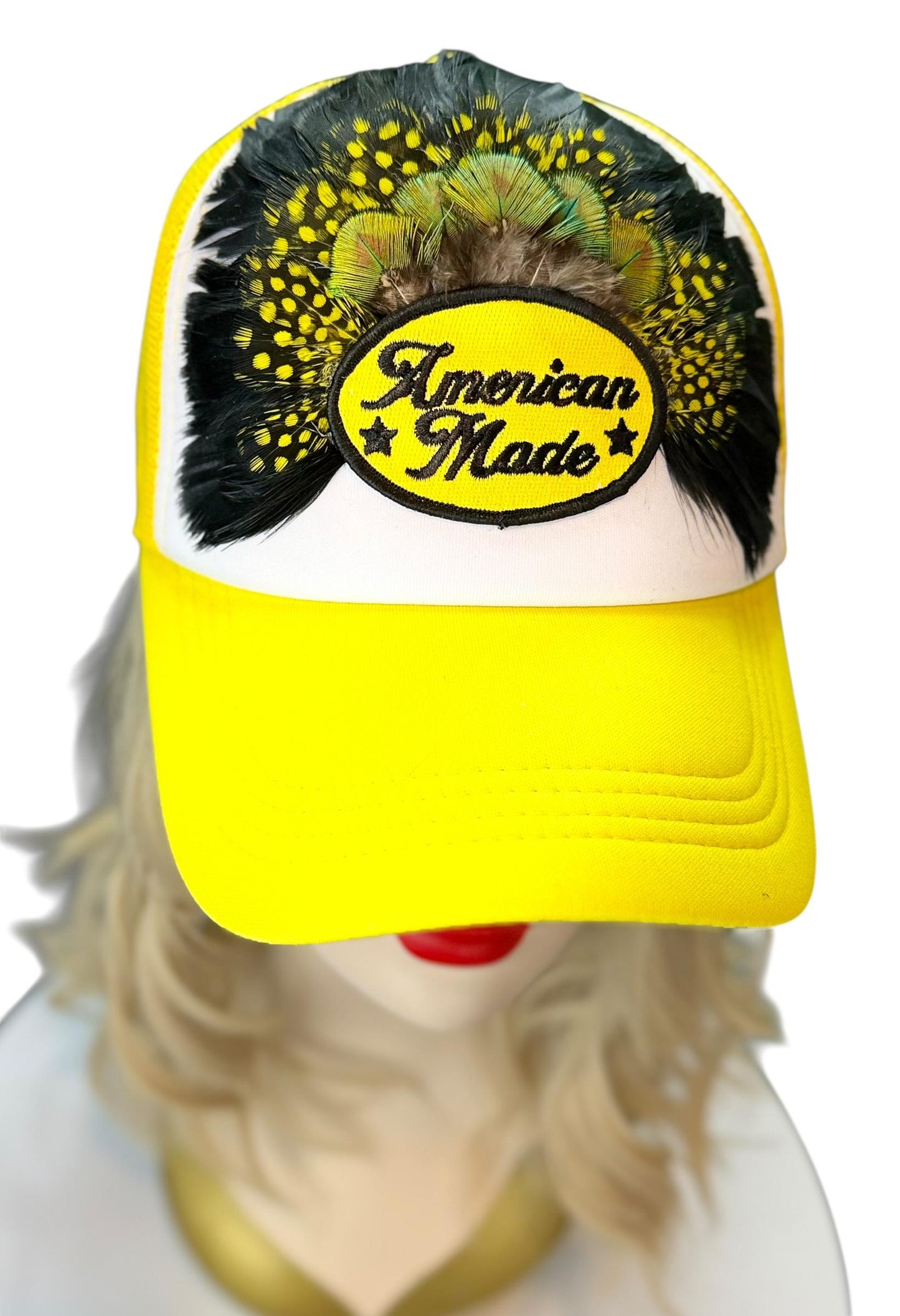 American Made Feathered Style Statement Patchwork Vintage Jeweled Trucker Hat
