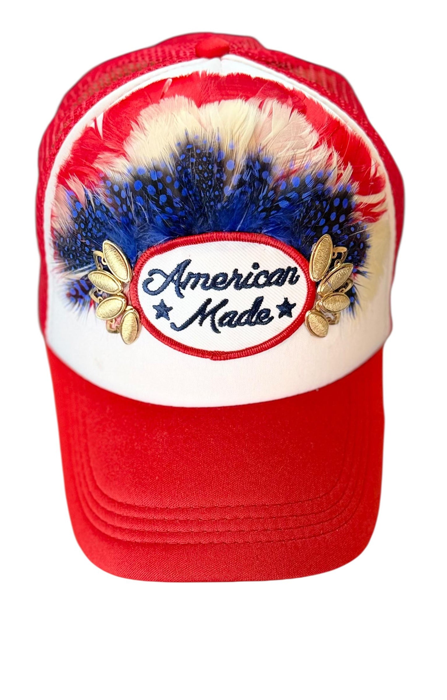 American Made Feathered Style Statement Patchwork Vintage Jeweled Trucker Hat