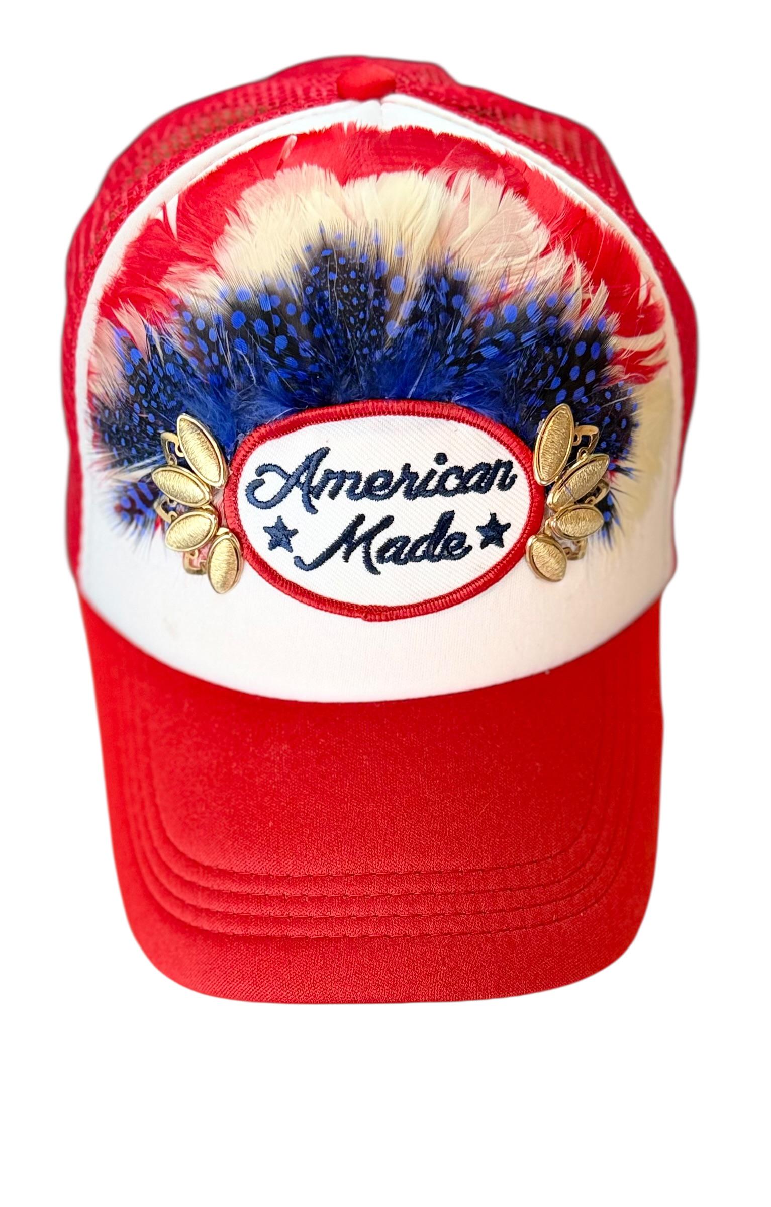 American Made Feathered Style Statement Patchwork Vintage Jeweled Trucker Hat