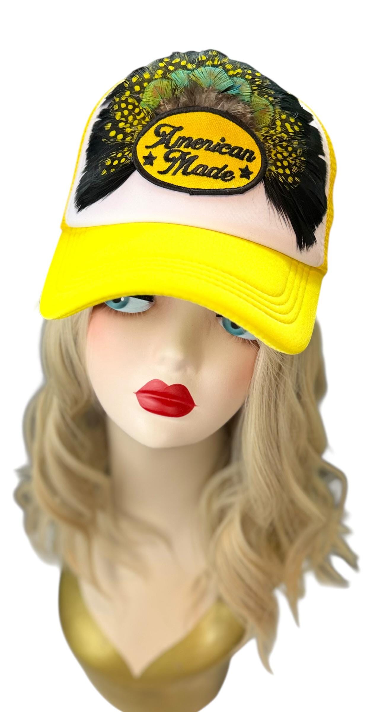 American Made Feathered Style Statement Patchwork Vintage Jeweled Trucker Hat
