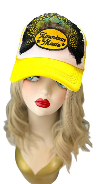 American Made Feathered Style Statement Patchwork Vintage Jeweled Trucker Hat