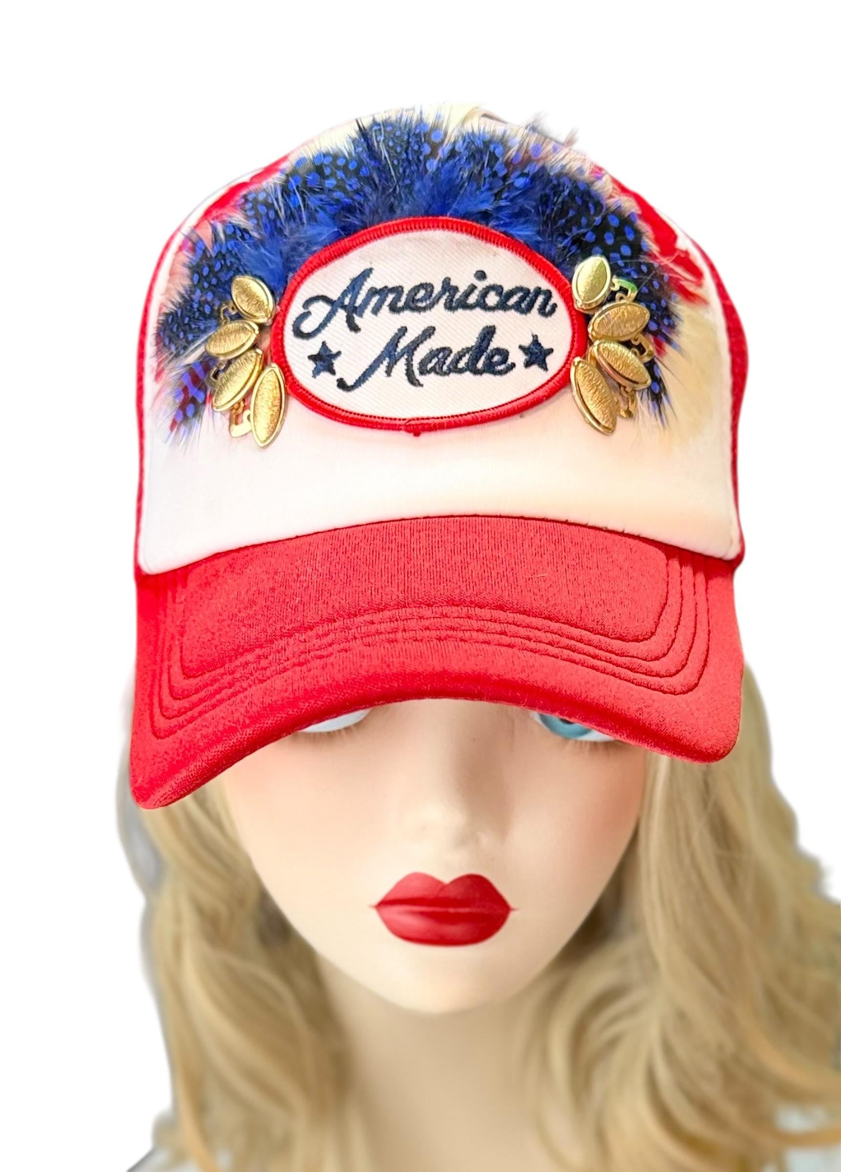 American Made Feathered Style Statement Patchwork Vintage Jeweled Trucker Hat