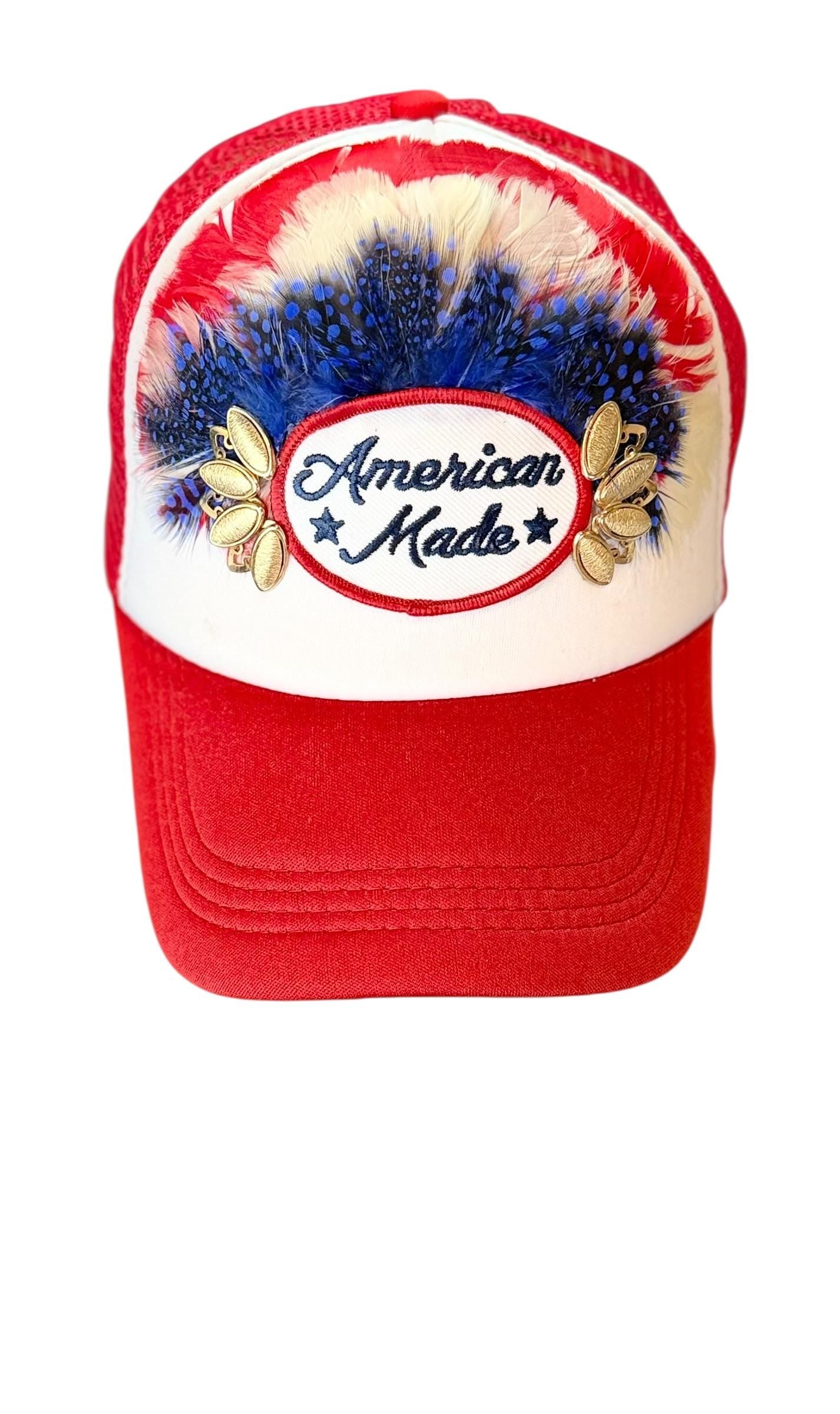 American Made Feathered Style Statement Patchwork Vintage Jeweled Trucker Hat
