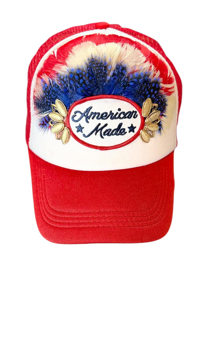 American Made Feathered Style Statement Patchwork Vintage Jeweled Trucker Hat