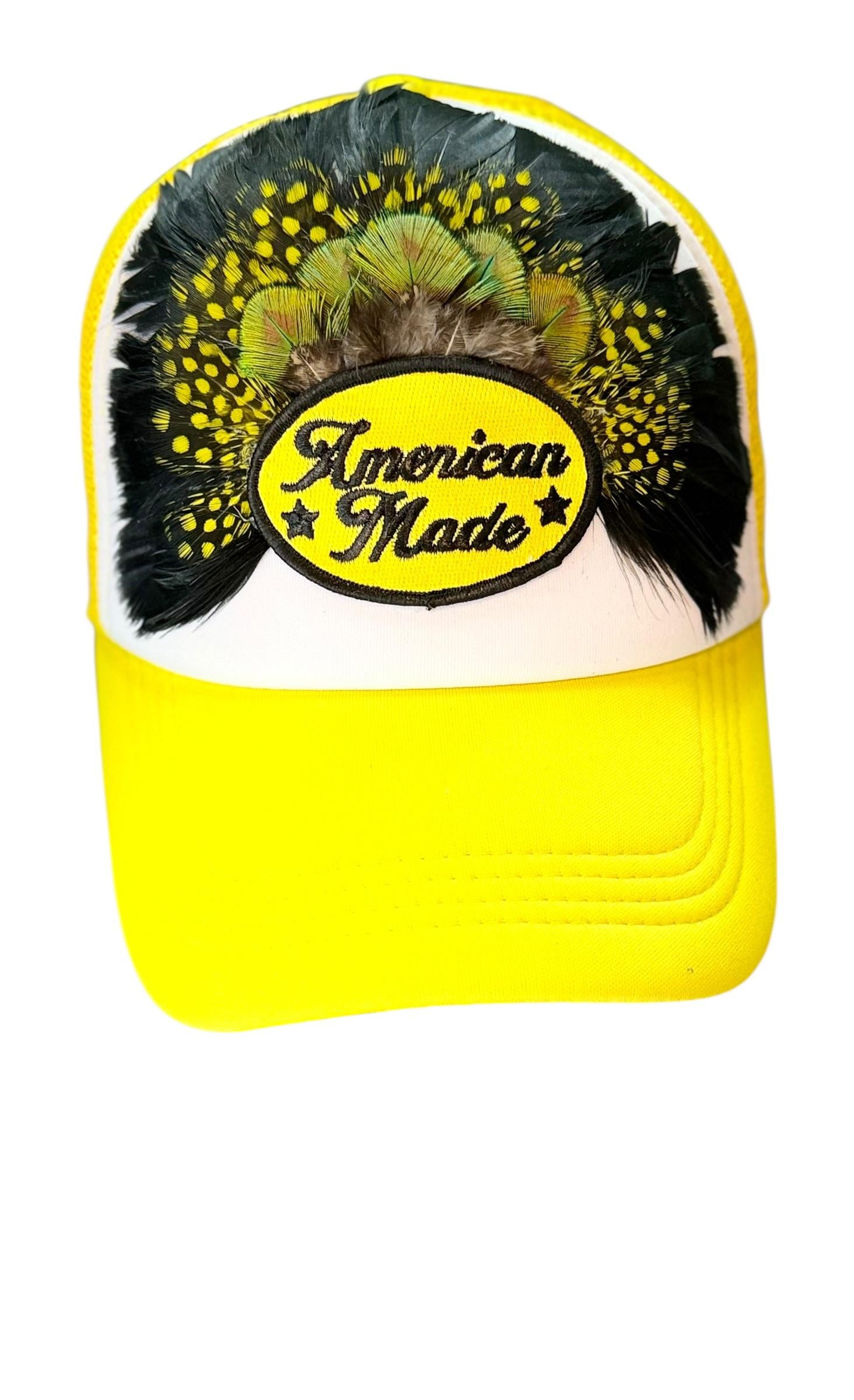 American Made Feathered Style Statement Patchwork Vintage Jeweled Trucker Hat