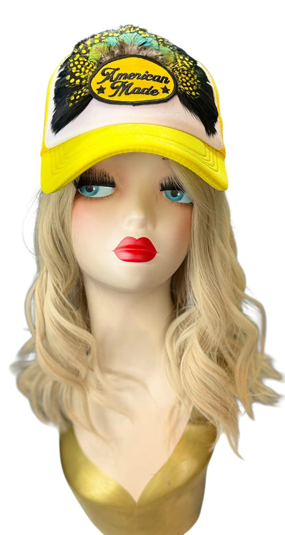 American Made Feathered Style Statement Patchwork Vintage Jeweled Trucker Hat