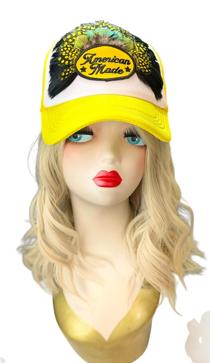 American Made Feathered Style Statement Patchwork Vintage Jeweled Trucker Hat