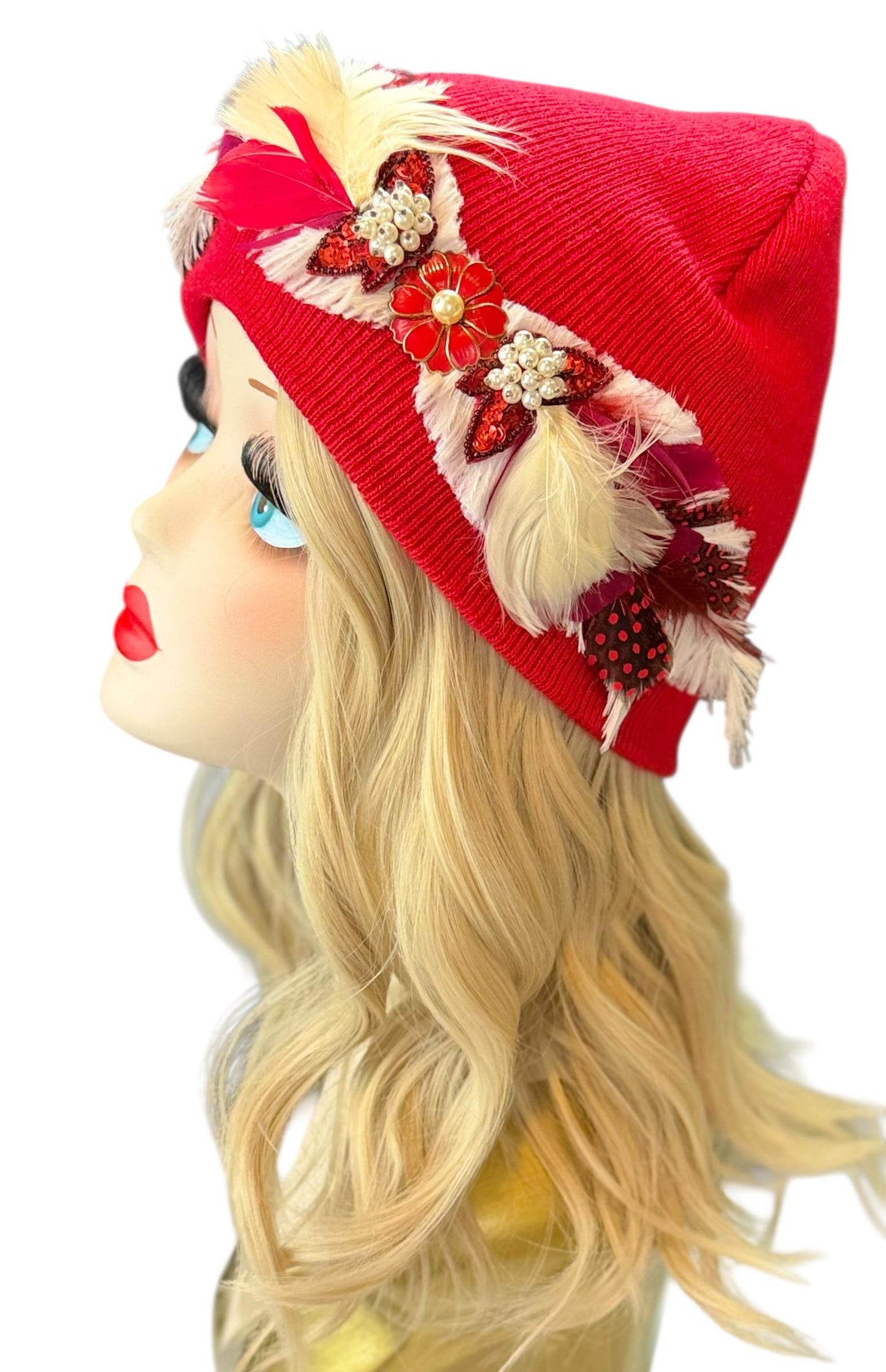 Butterfly Romance Red Unique One-Of-A-Kind Vintage Jeweled & Feathered Knitted Winter Hat