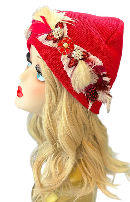 Butterfly Romance Red Unique One-Of-A-Kind Vintage Jeweled & Feathered Knitted Winter Hat