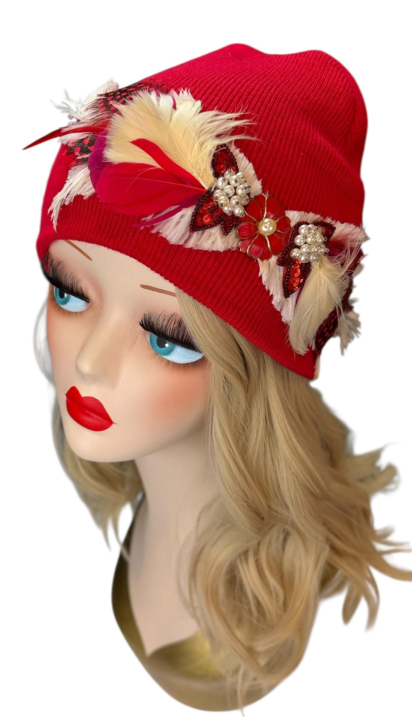 Butterfly Romance Red Unique One-Of-A-Kind Vintage Jeweled & Feathered Knitted Winter Hat