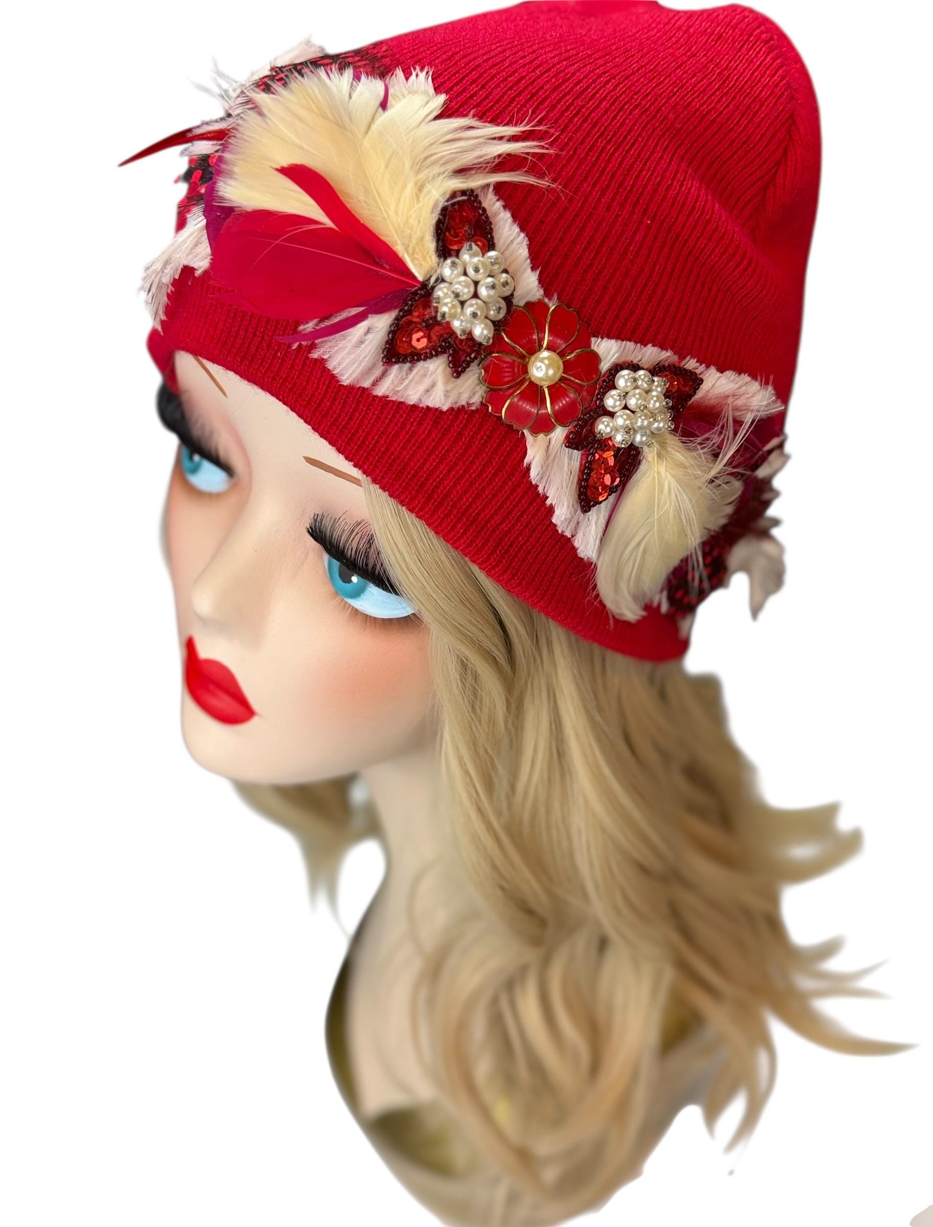Butterfly Romance Red Unique One-Of-A-Kind Vintage Jeweled & Feathered Knitted Winter Hat