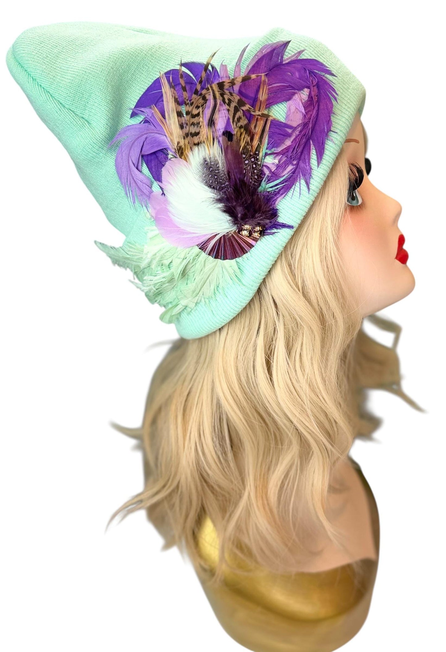 Mint and Berries Luxury Skiing Hat with Feathers & Vintage Jeweled Embellishments