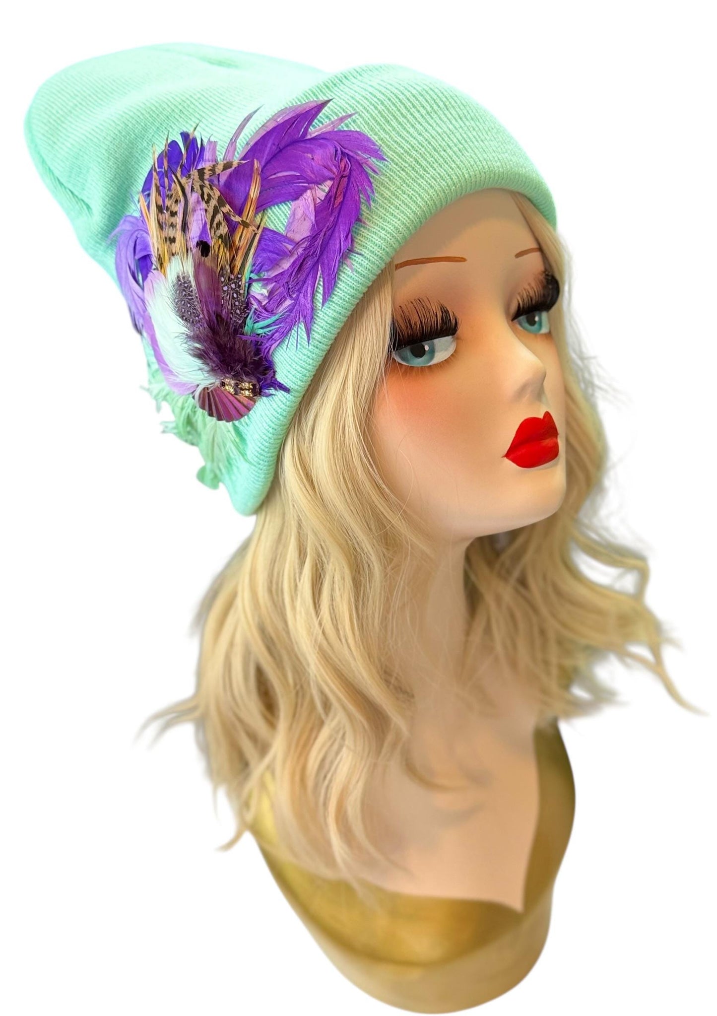 Mint and Berries Luxury Skiing Hat with Feathers & Vintage Jeweled Embellishments