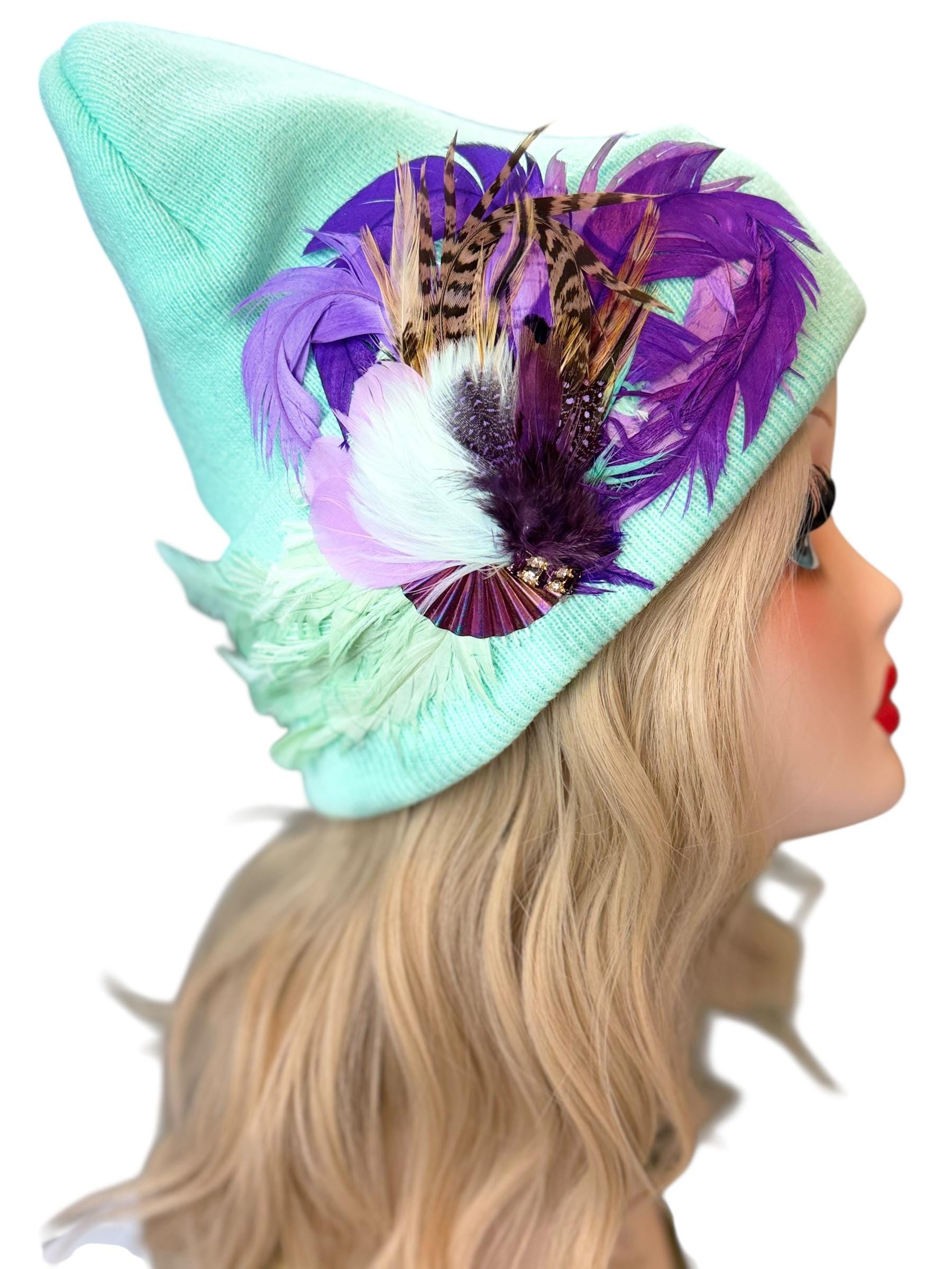 Mint and Berries Luxury Skiing Hat with Feathers & Vintage Jeweled Embellishments
