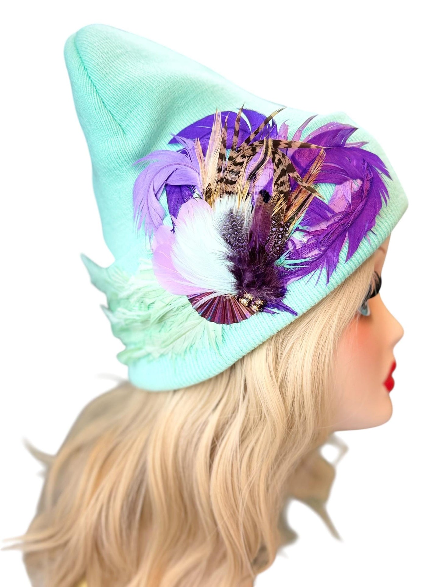 Mint and Berries Luxury Skiing Hat with Feathers & Vintage Jeweled Embellishments