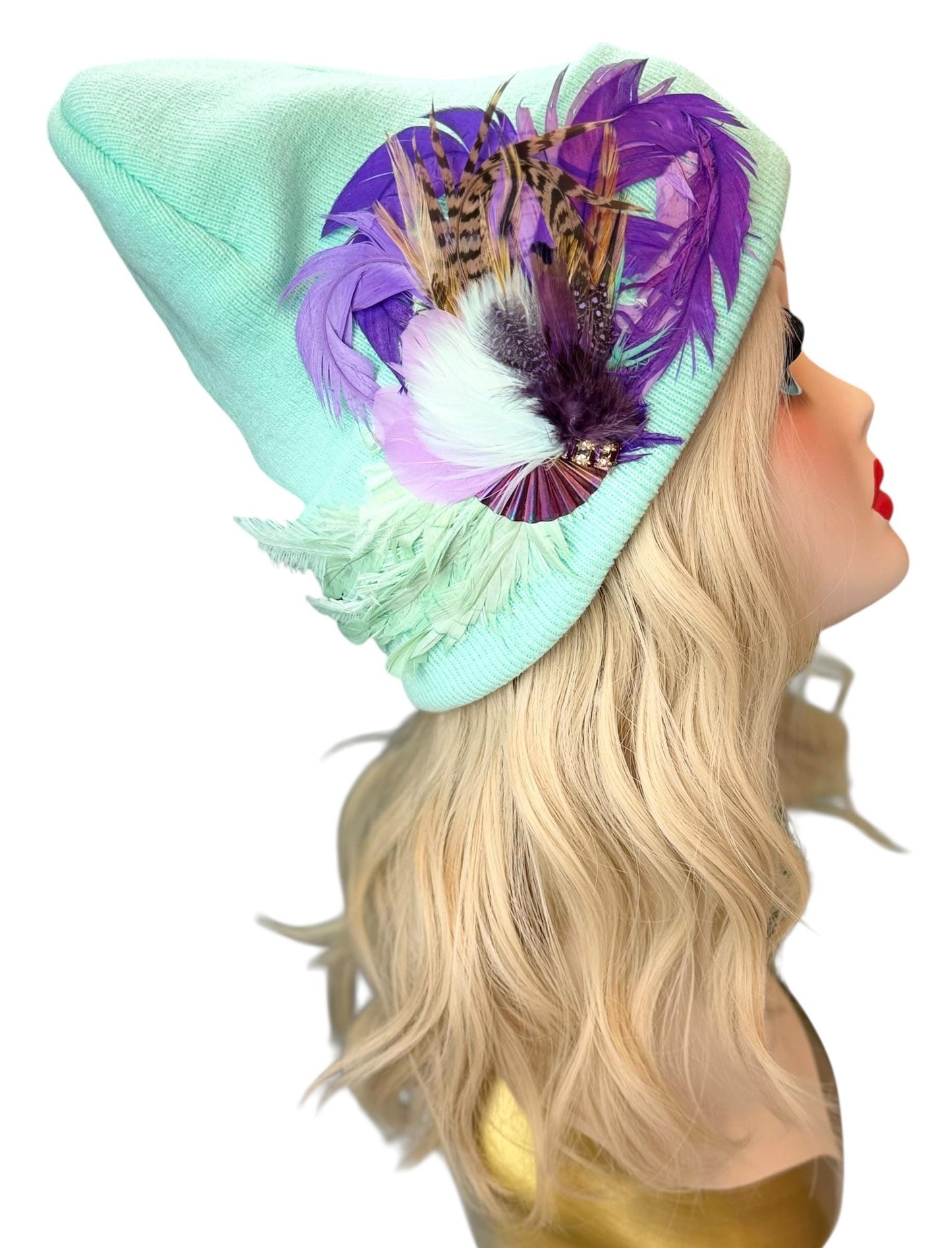 Mint and Berries Luxury Skiing Hat with Feathers & Vintage Jeweled Embellishments