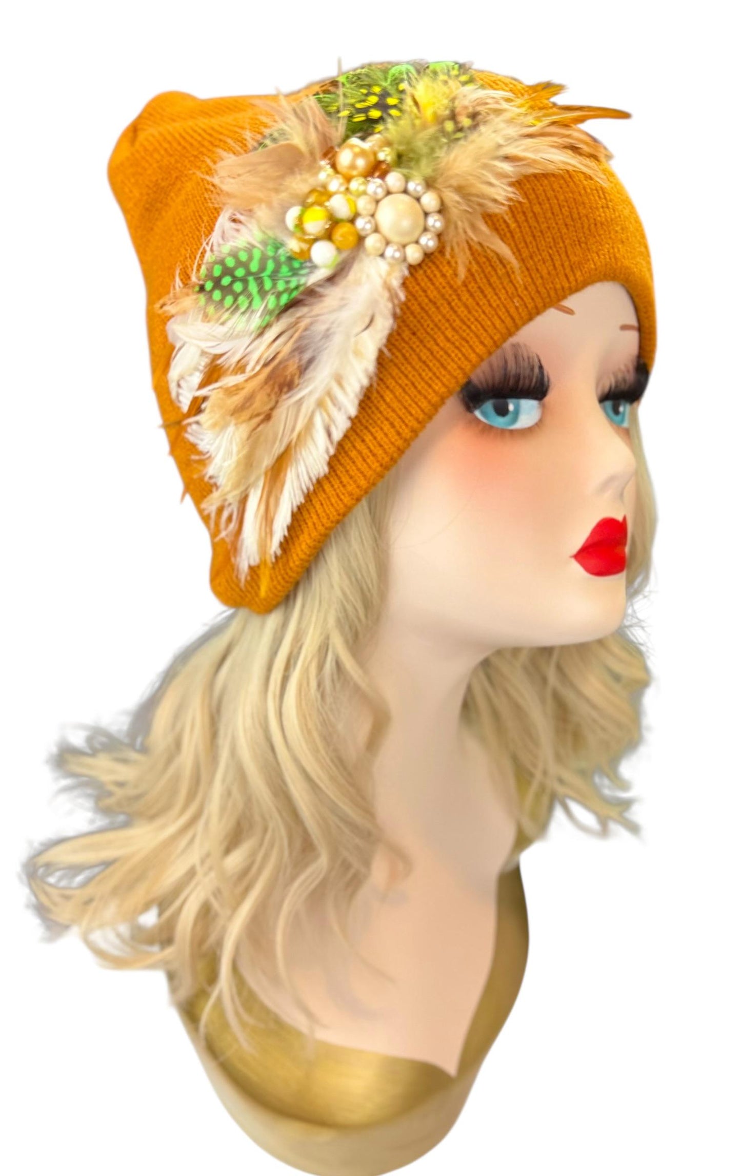 Caramel Goddess Embellished Feathered & Vintage Jeweled Knit Hat