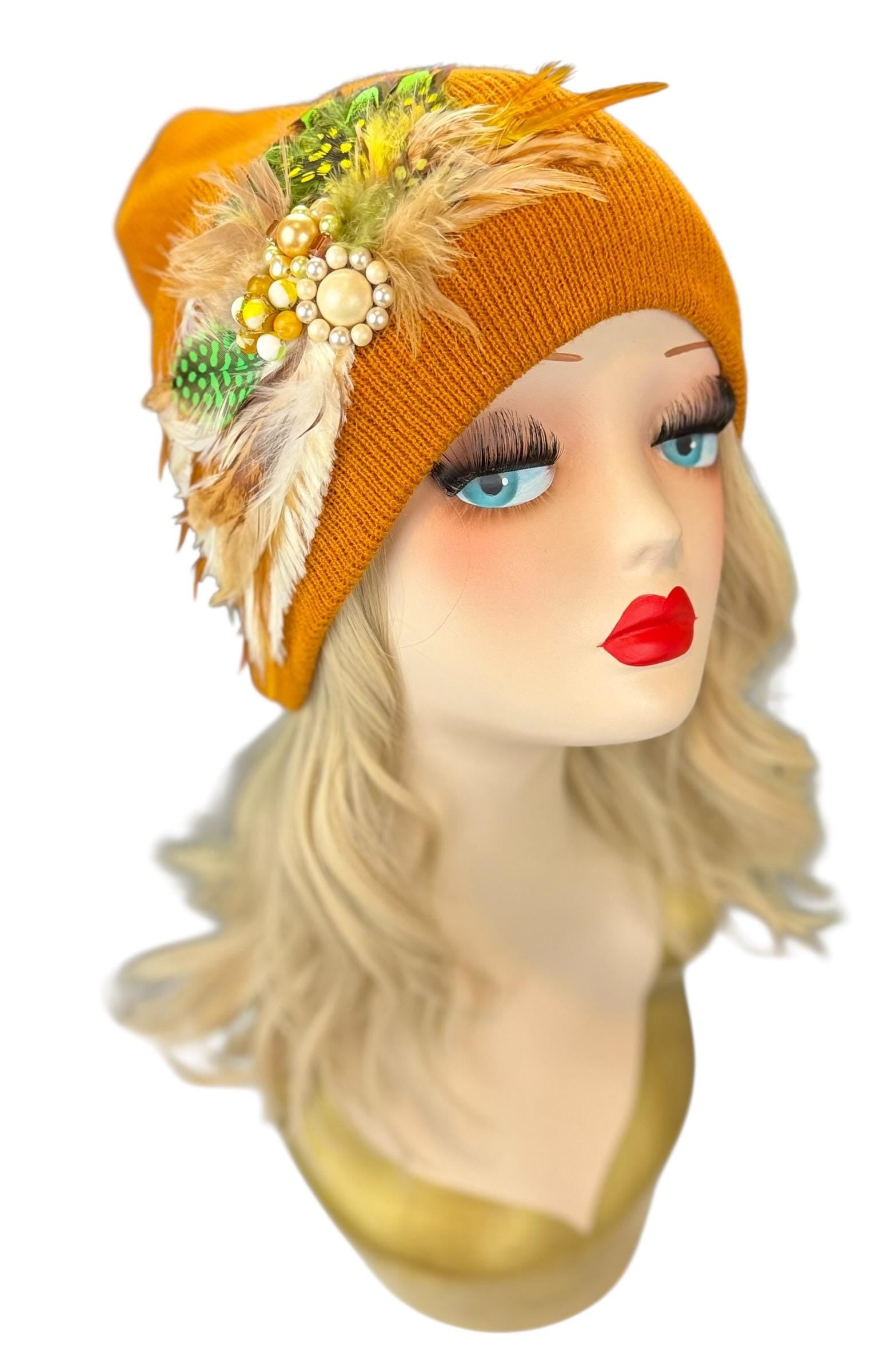 Caramel Goddess Embellished Feathered & Vintage Jeweled Knit Hat