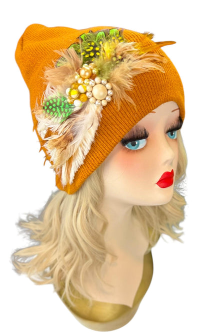 Caramel Goddess Embellished Feathered & Vintage Jeweled Knit Hat